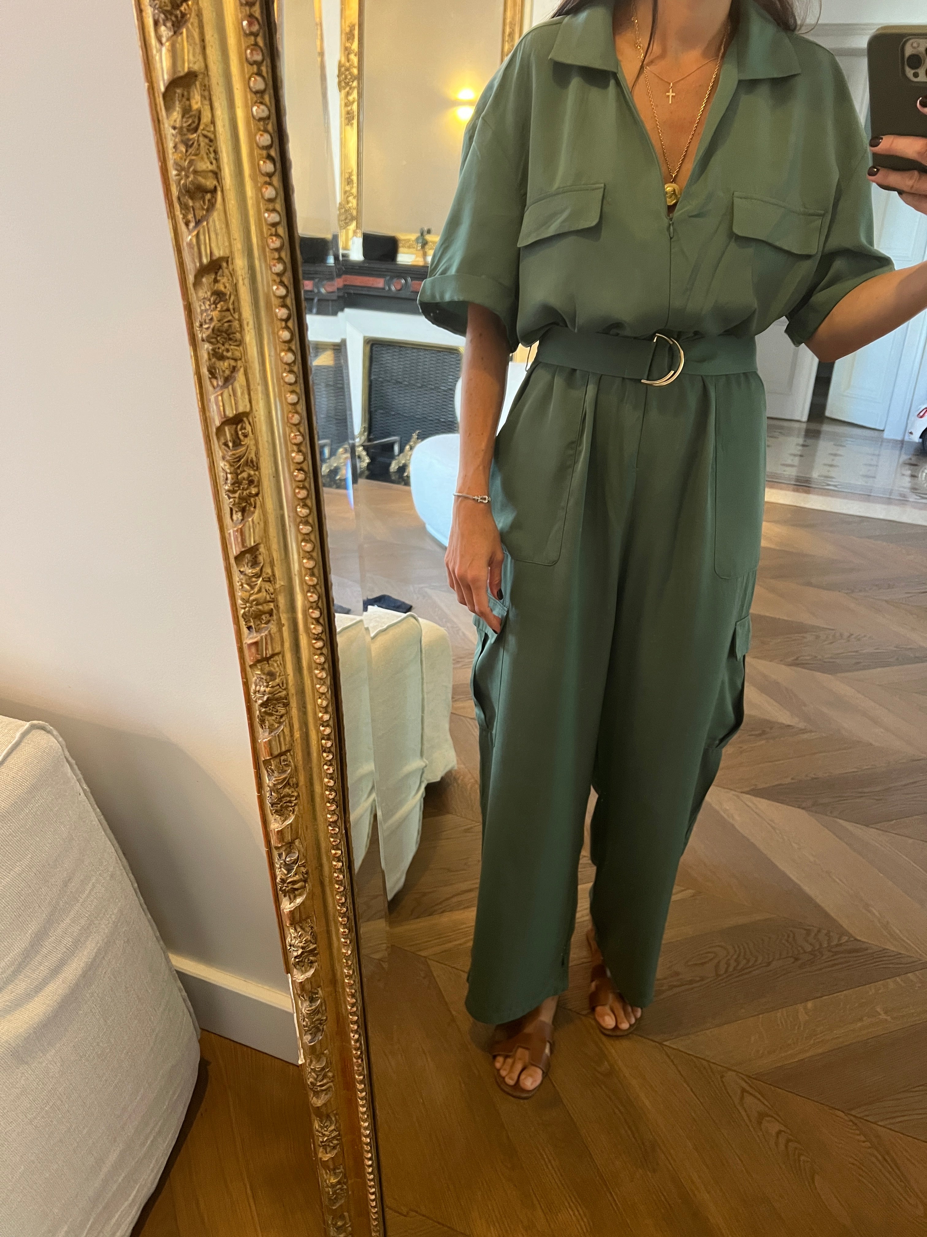 Malika Menard Combinaison pantalon Zara vert ceinturée