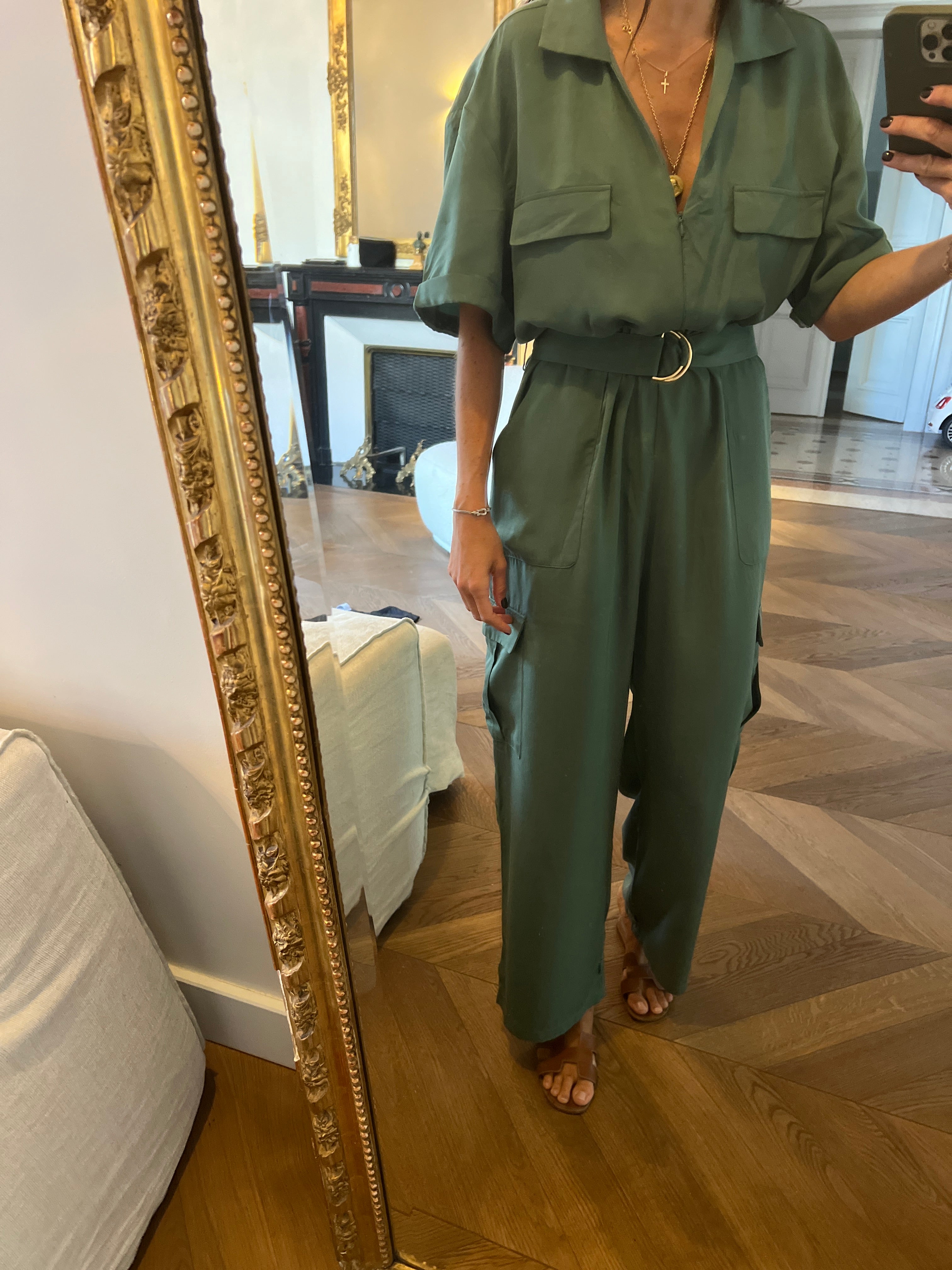 Malika Menard Combinaison pantalon Zara vert ceinturée