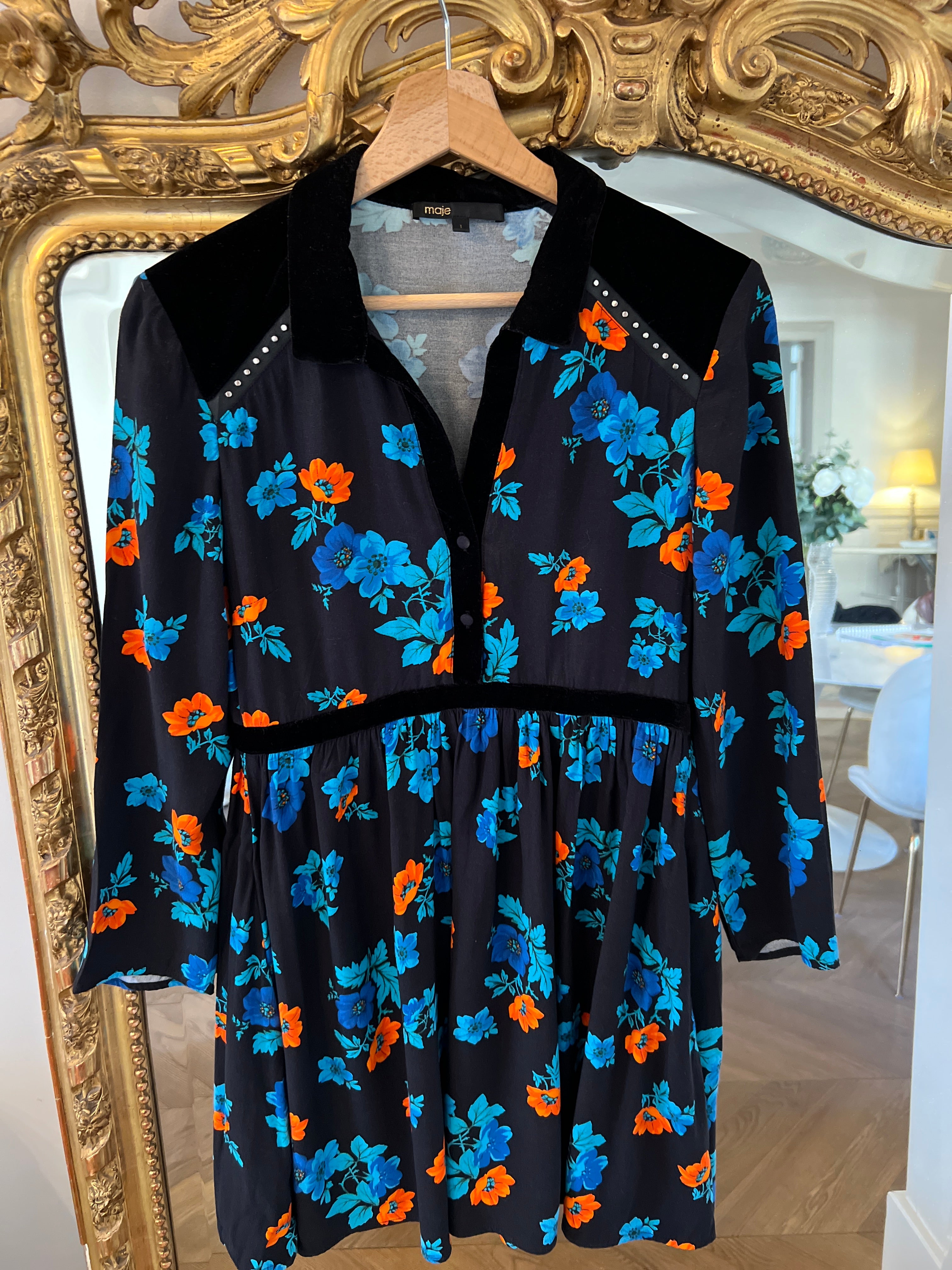 Robe Maje à fleurs bleu et orange col velour