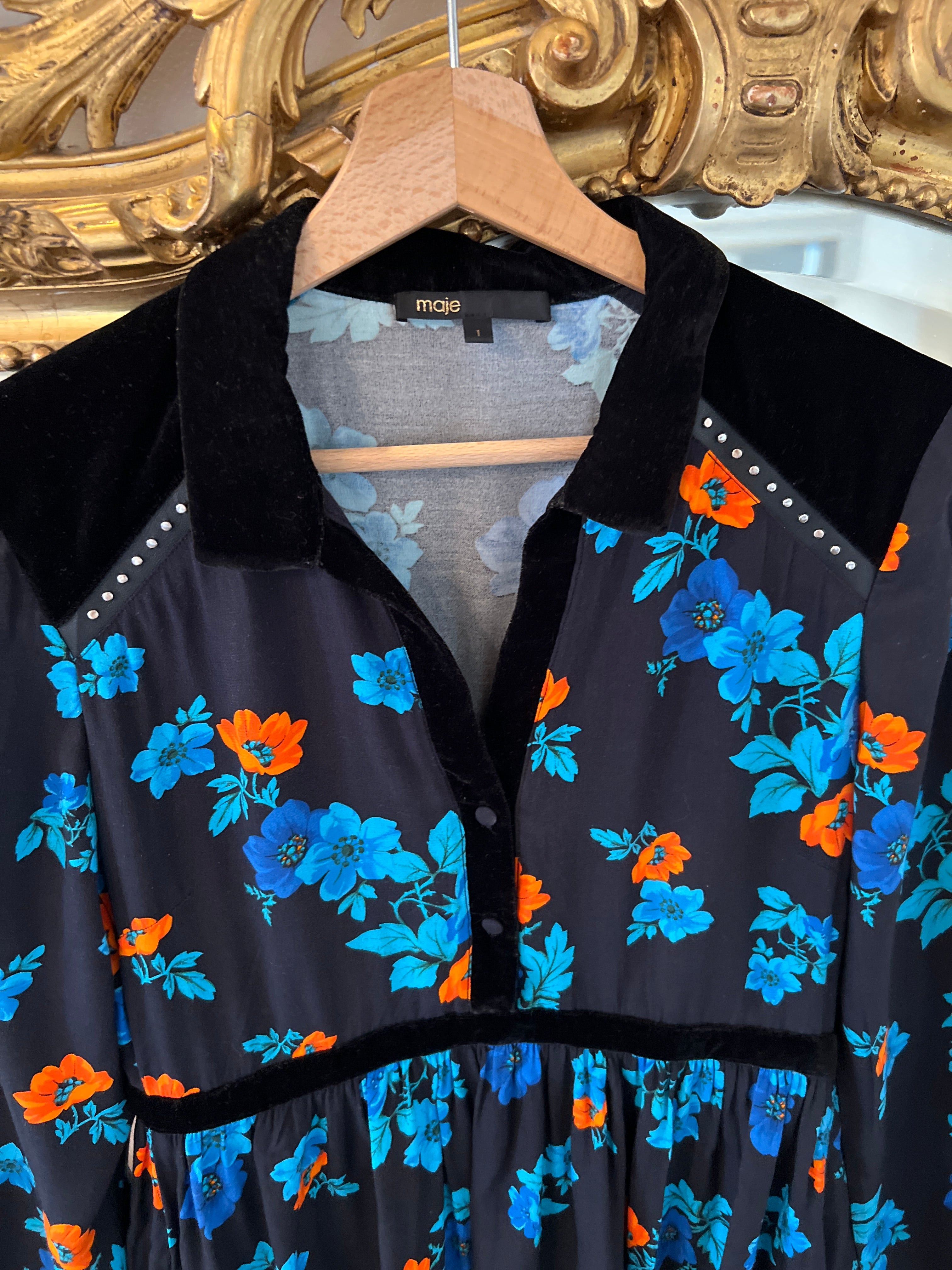 Robe Maje à fleurs bleu et orange col velour