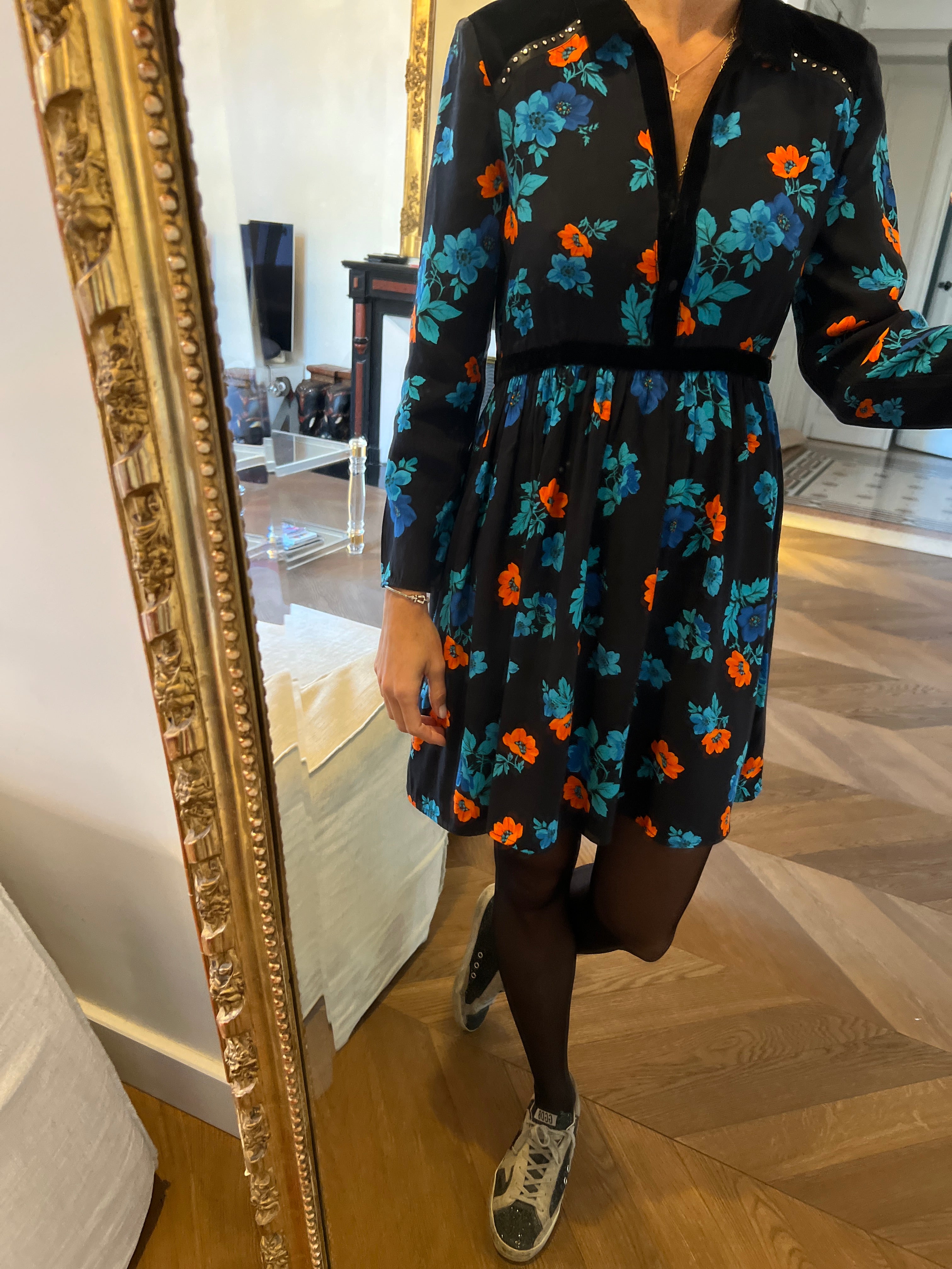 Robe Maje à fleurs bleu et orange col velour