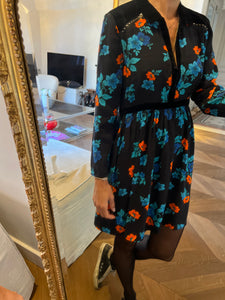 Robe Maje à fleurs bleu et orange col velour