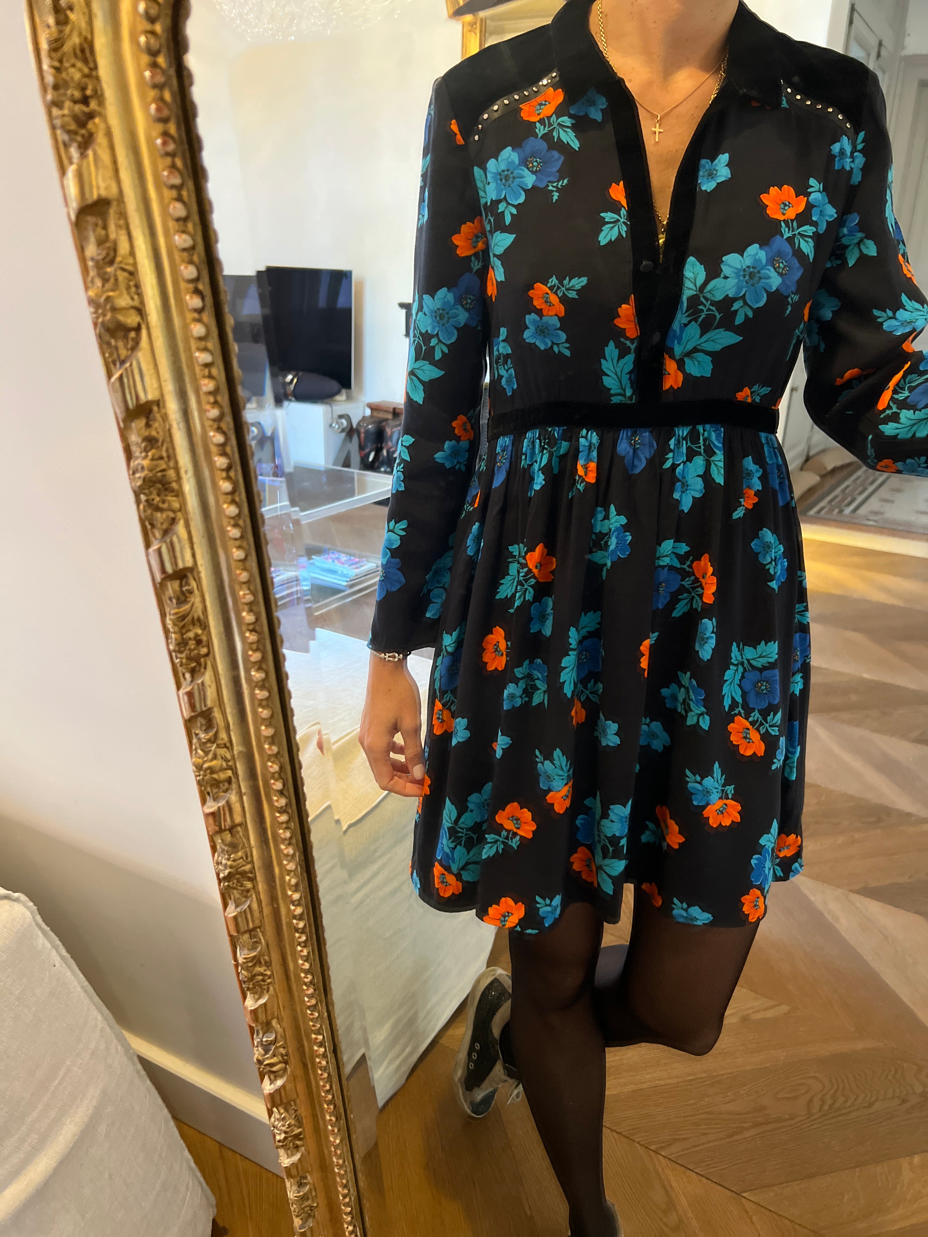 Robe Maje à fleurs bleu et orange col velour