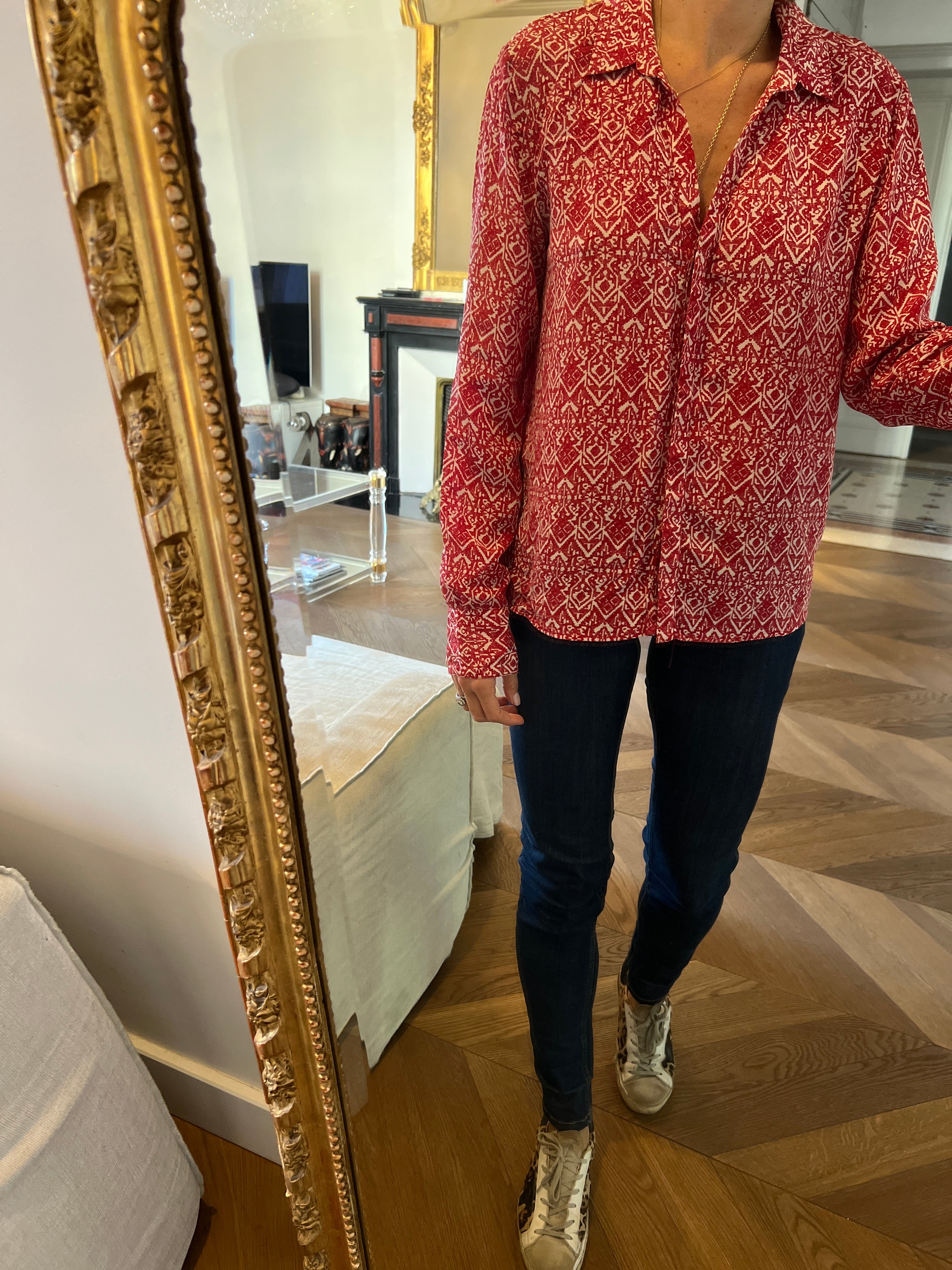 Blouse Ba&sh Zilou en soie bordeaux et blanche