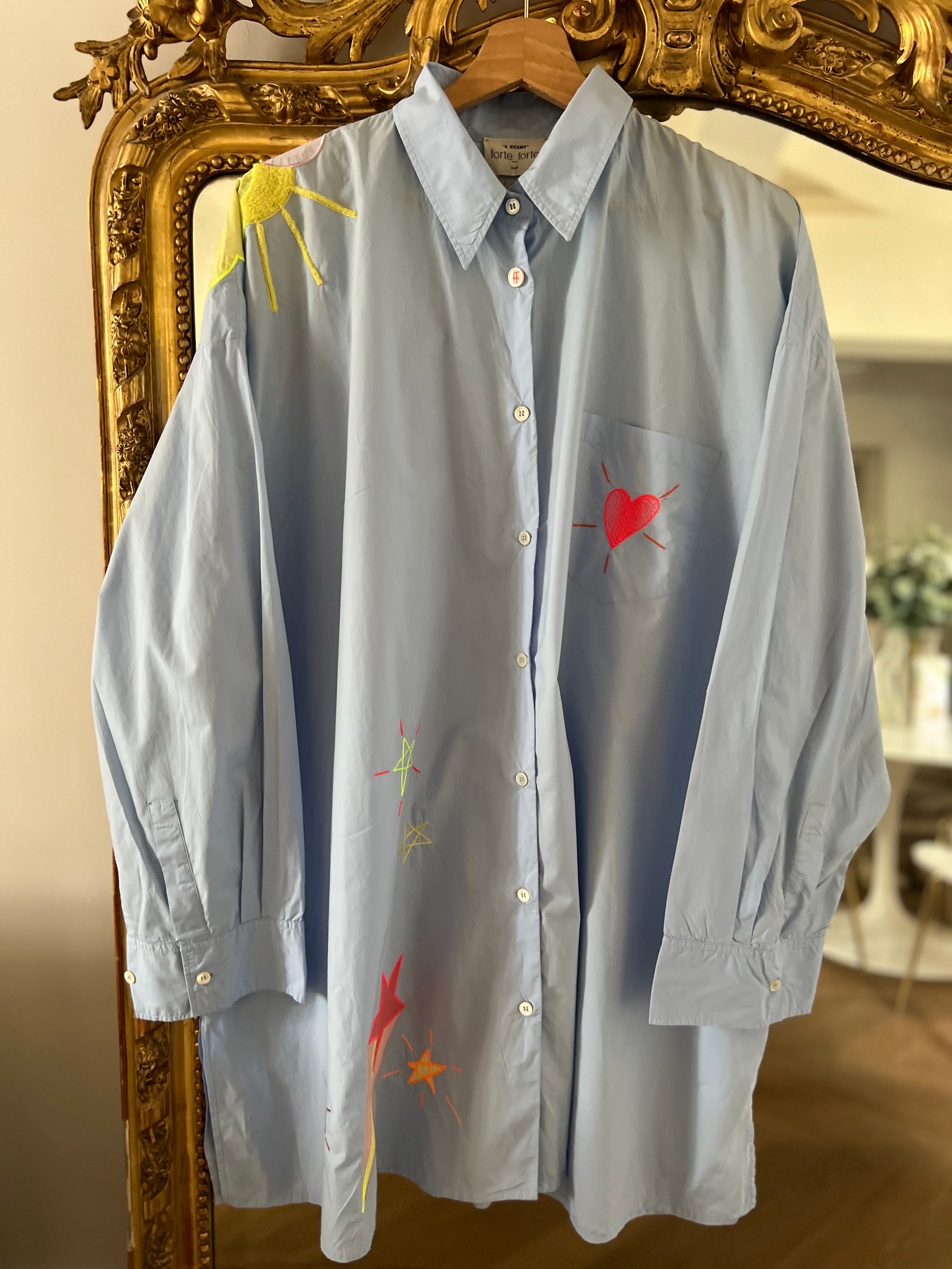 Forte Forte - Robe chemisier bleu ciel motifs coeur nuage