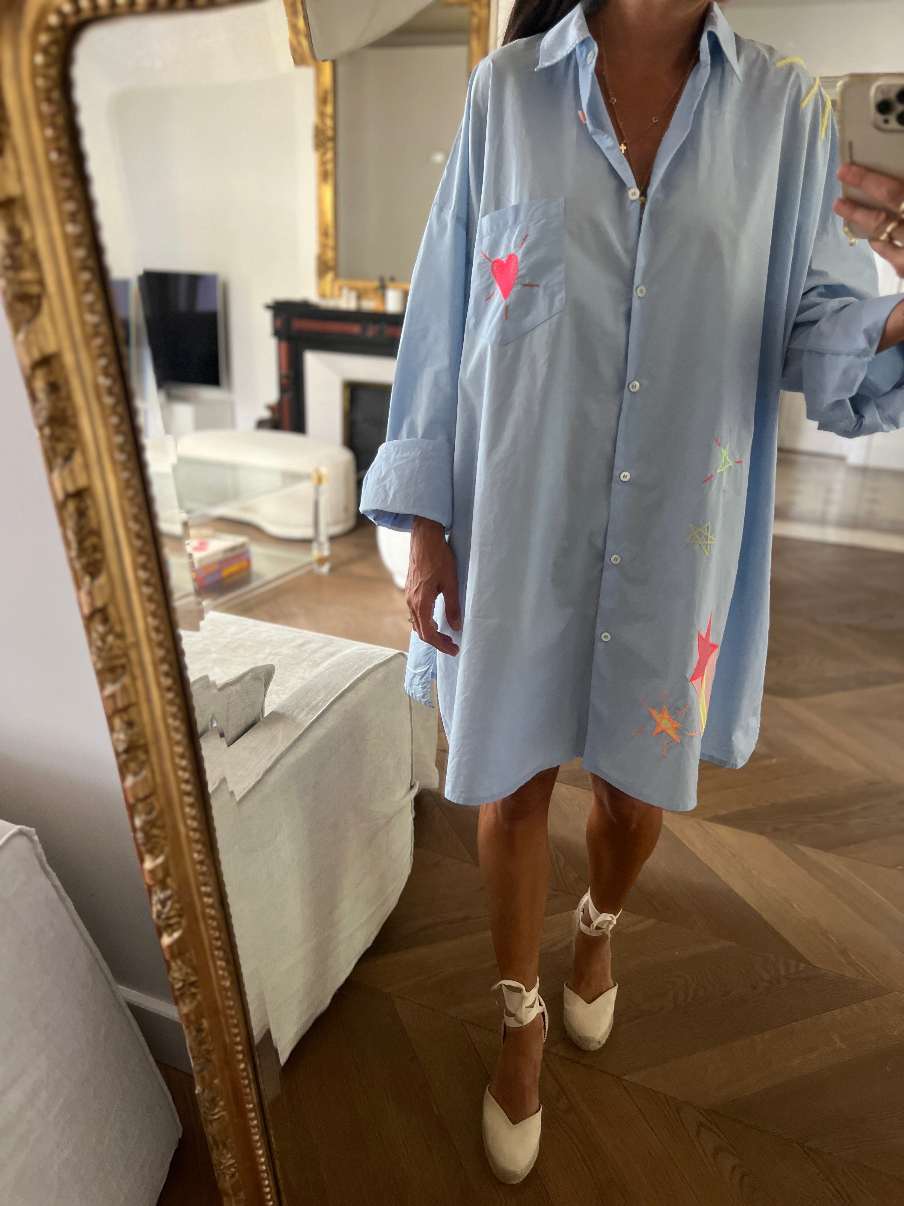 Forte Forte - Robe chemisier bleu ciel motifs coeur nuage