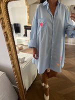 Charger l&#39;image dans la galerie, Forte Forte - Robe chemisier bleu ciel motifs coeur nuage
