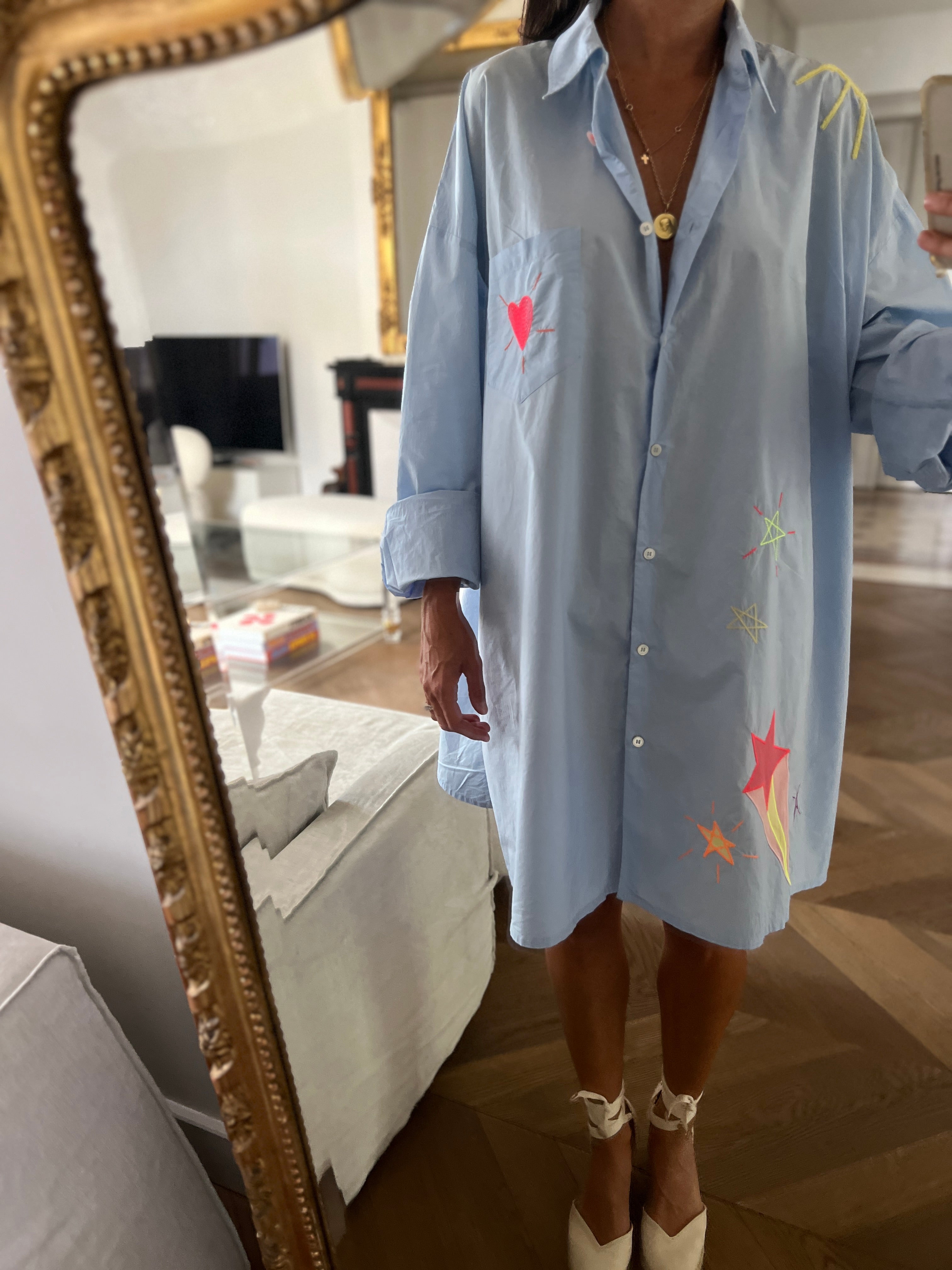 Forte Forte - Robe chemisier bleu ciel motifs coeur nuage