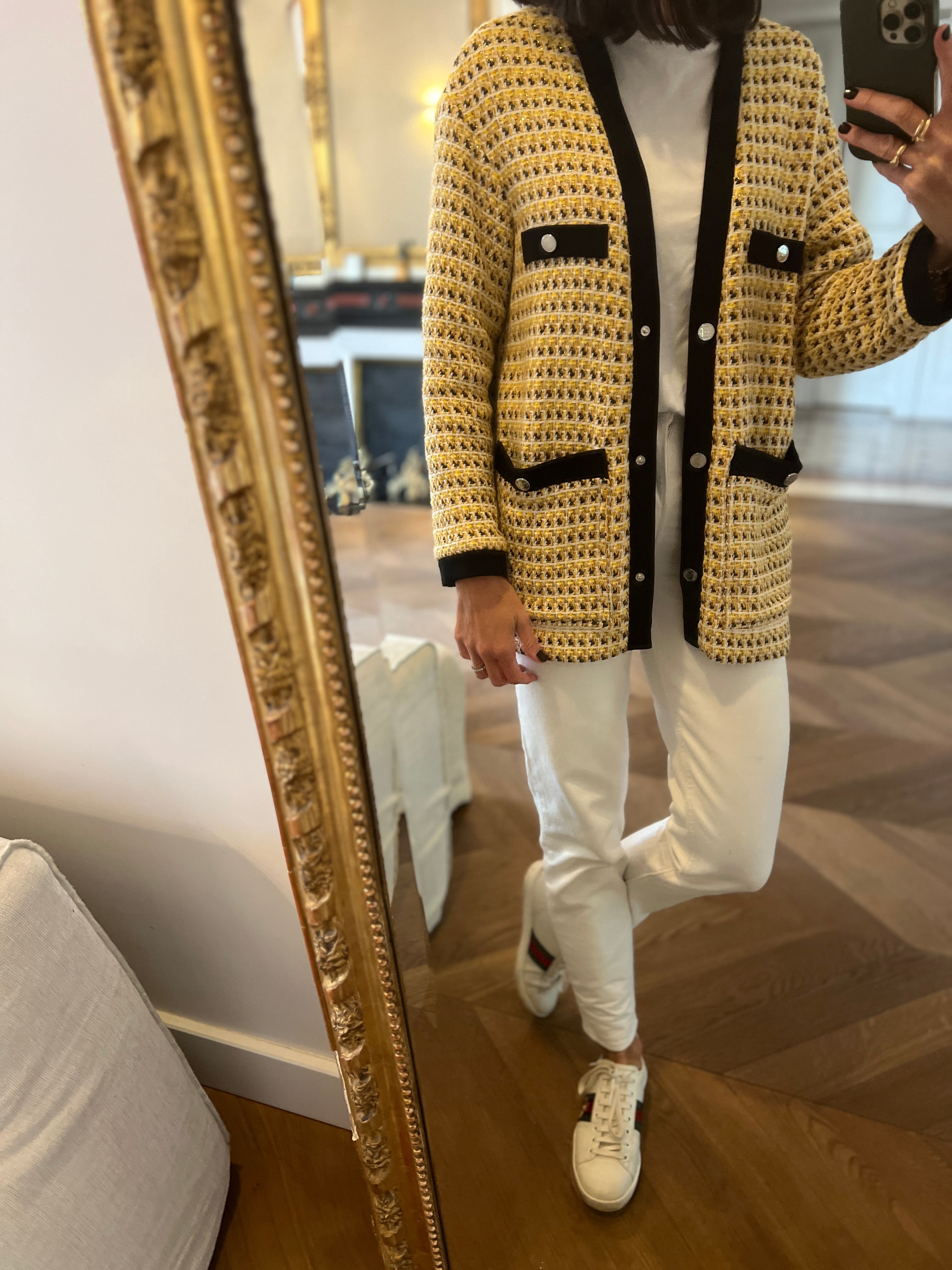 Gilet Maje long jaune en tweed