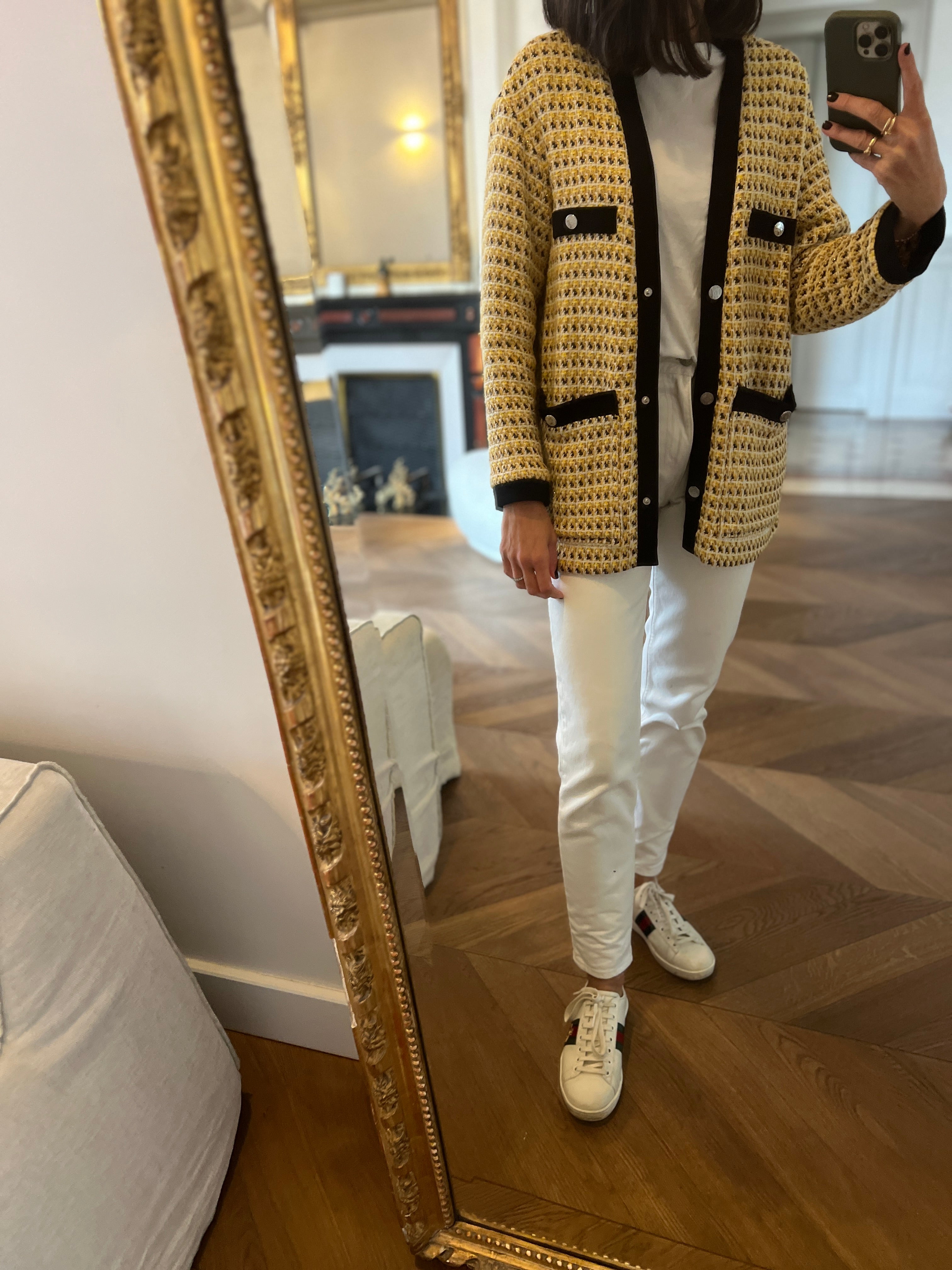 Gilet Maje long jaune en tweed