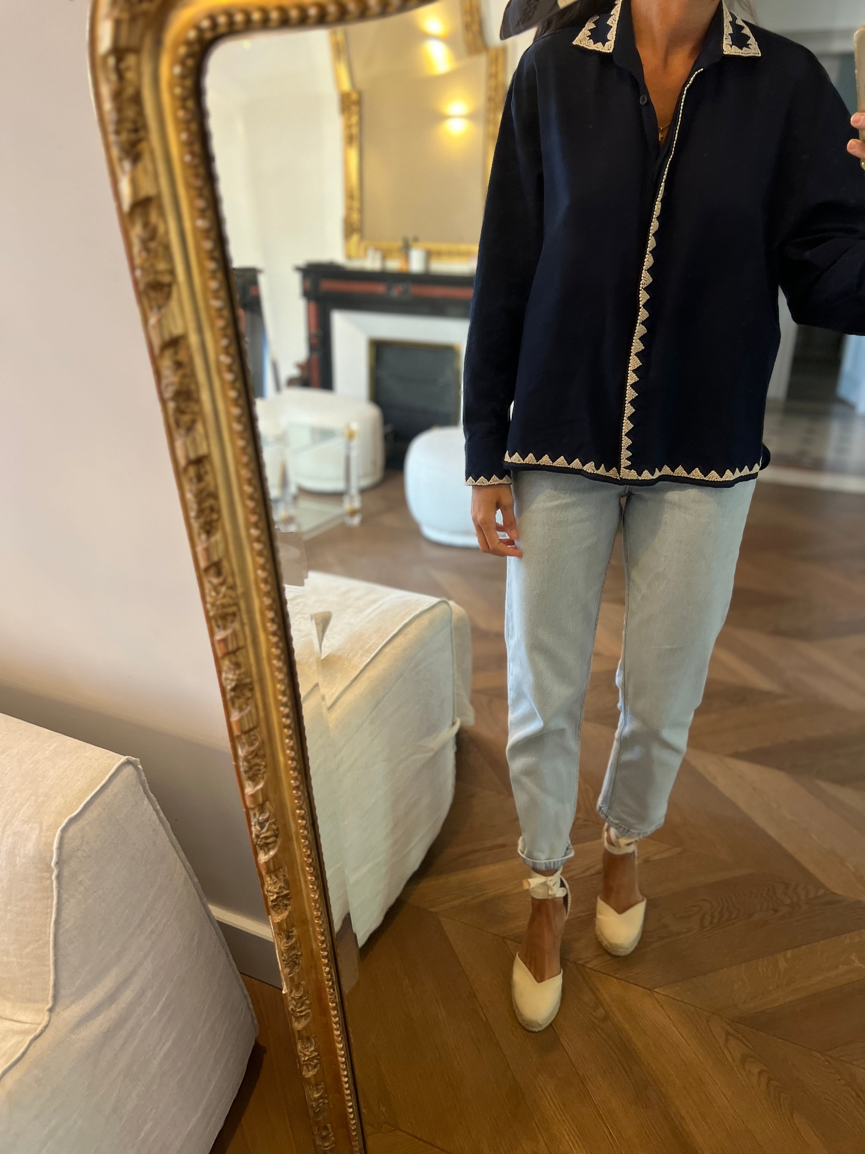 Mii - Chemise bleu marine col ecrue