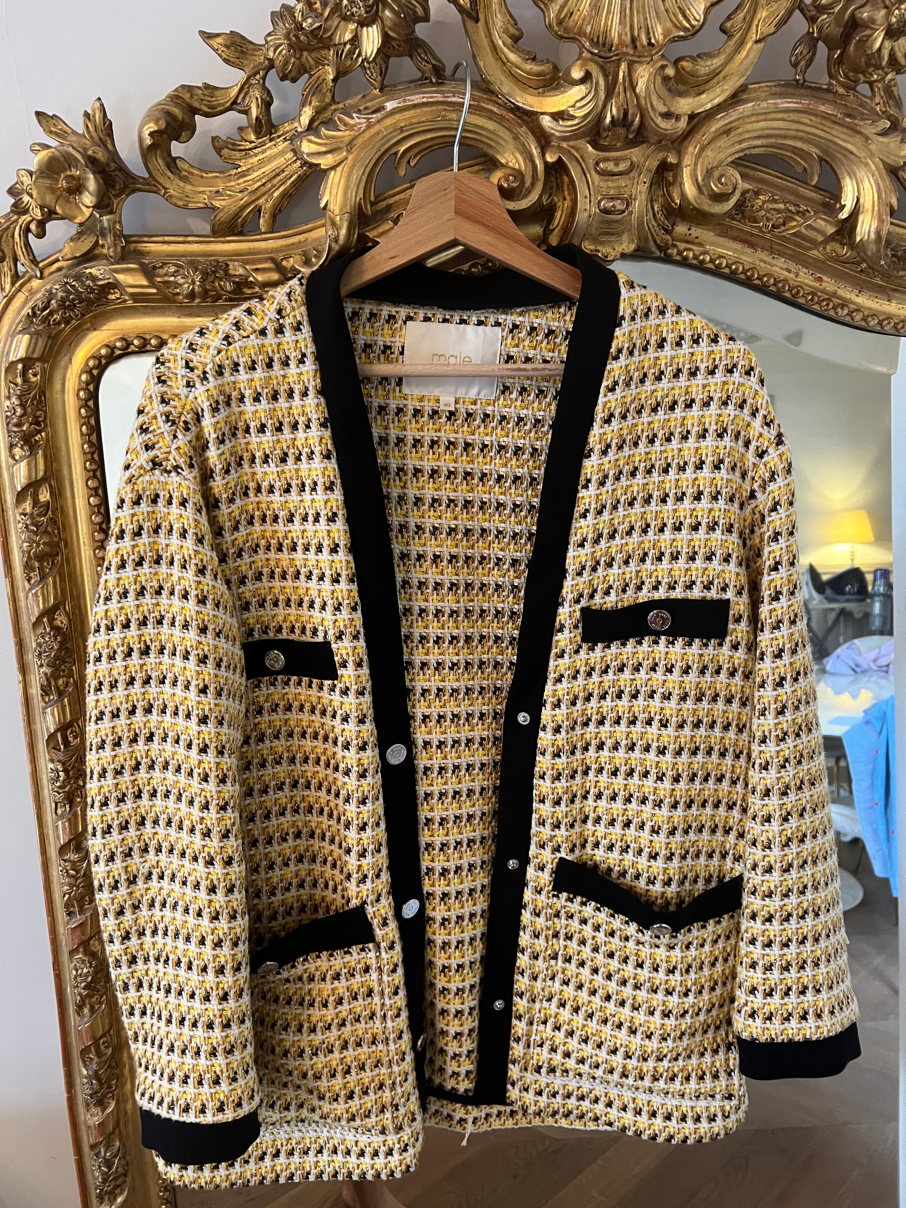 Gilet Maje long jaune en tweed