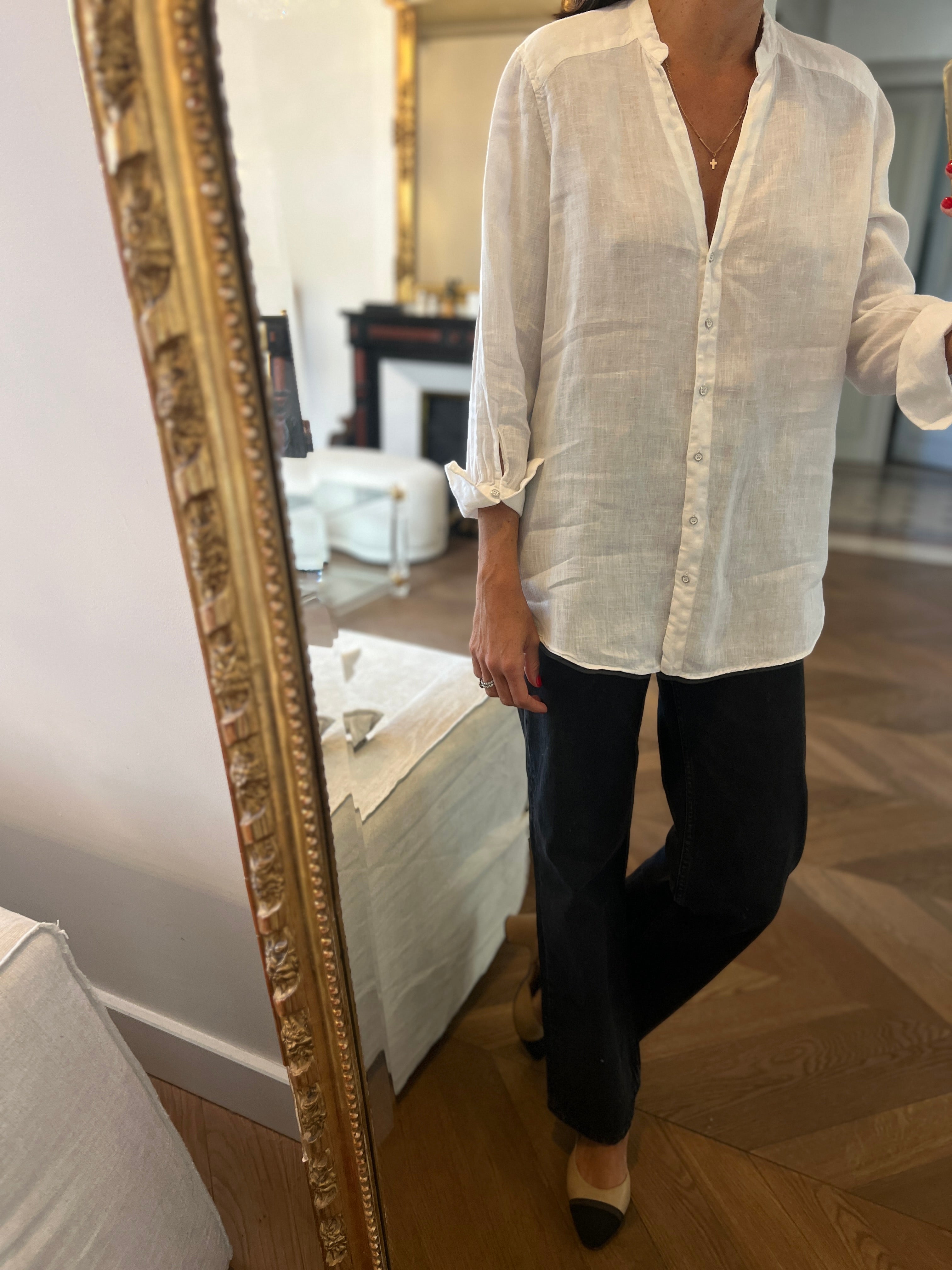 Zara - Chemise en lin blanc sans col