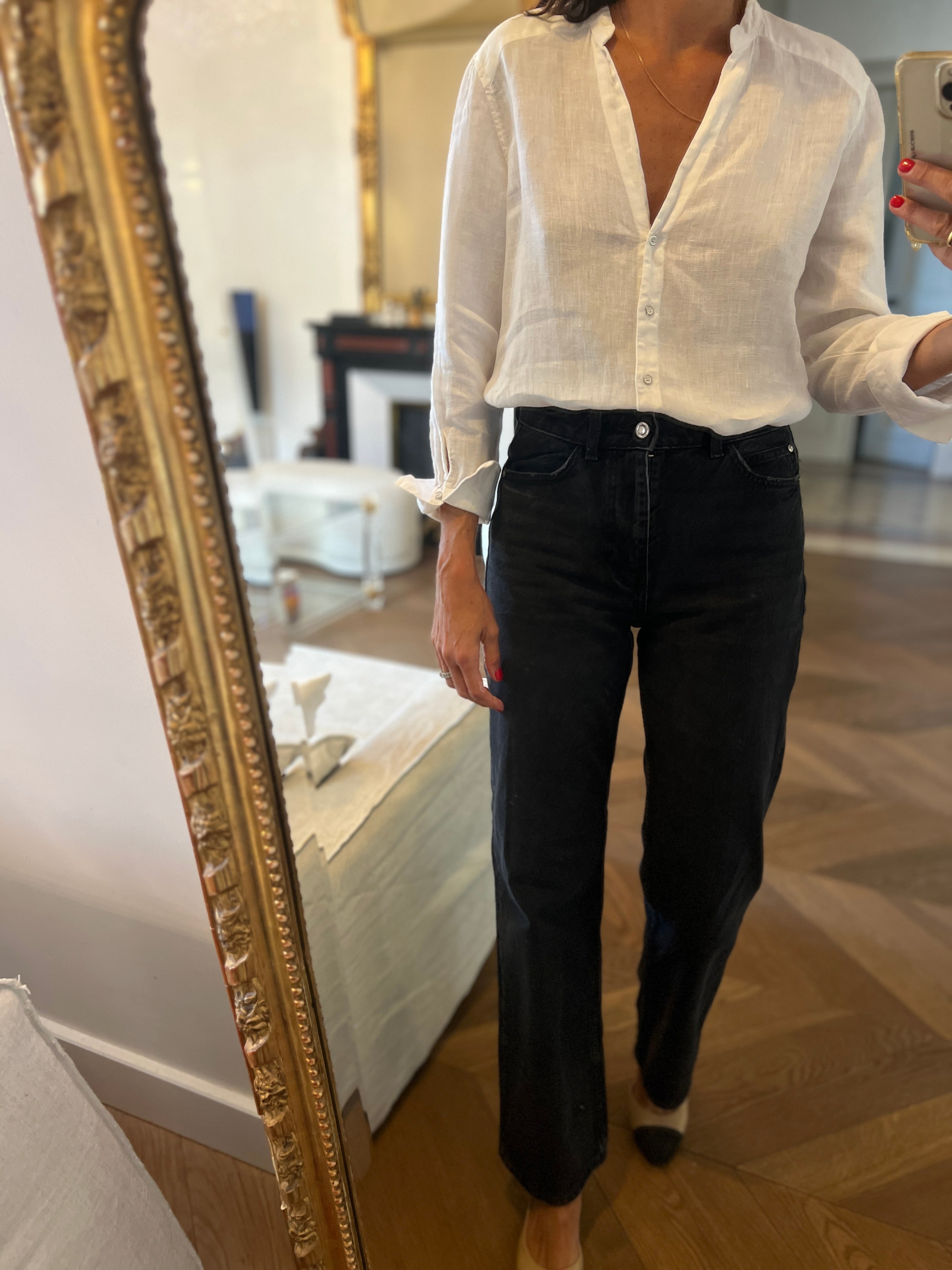 Zara - Chemise en lin blanc sans col