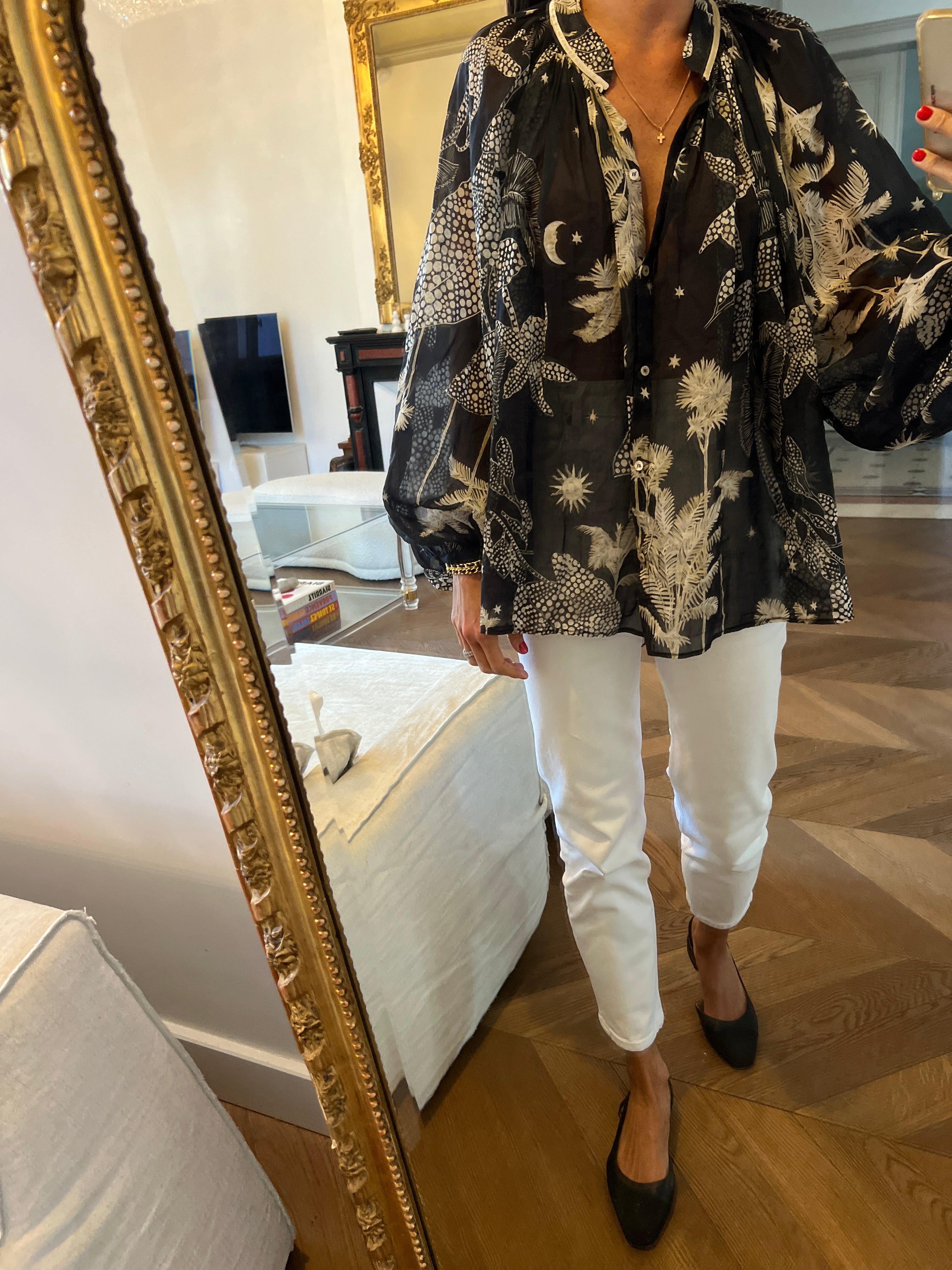 Forte Forte - Blouse fluide bleu marine à motifs beige