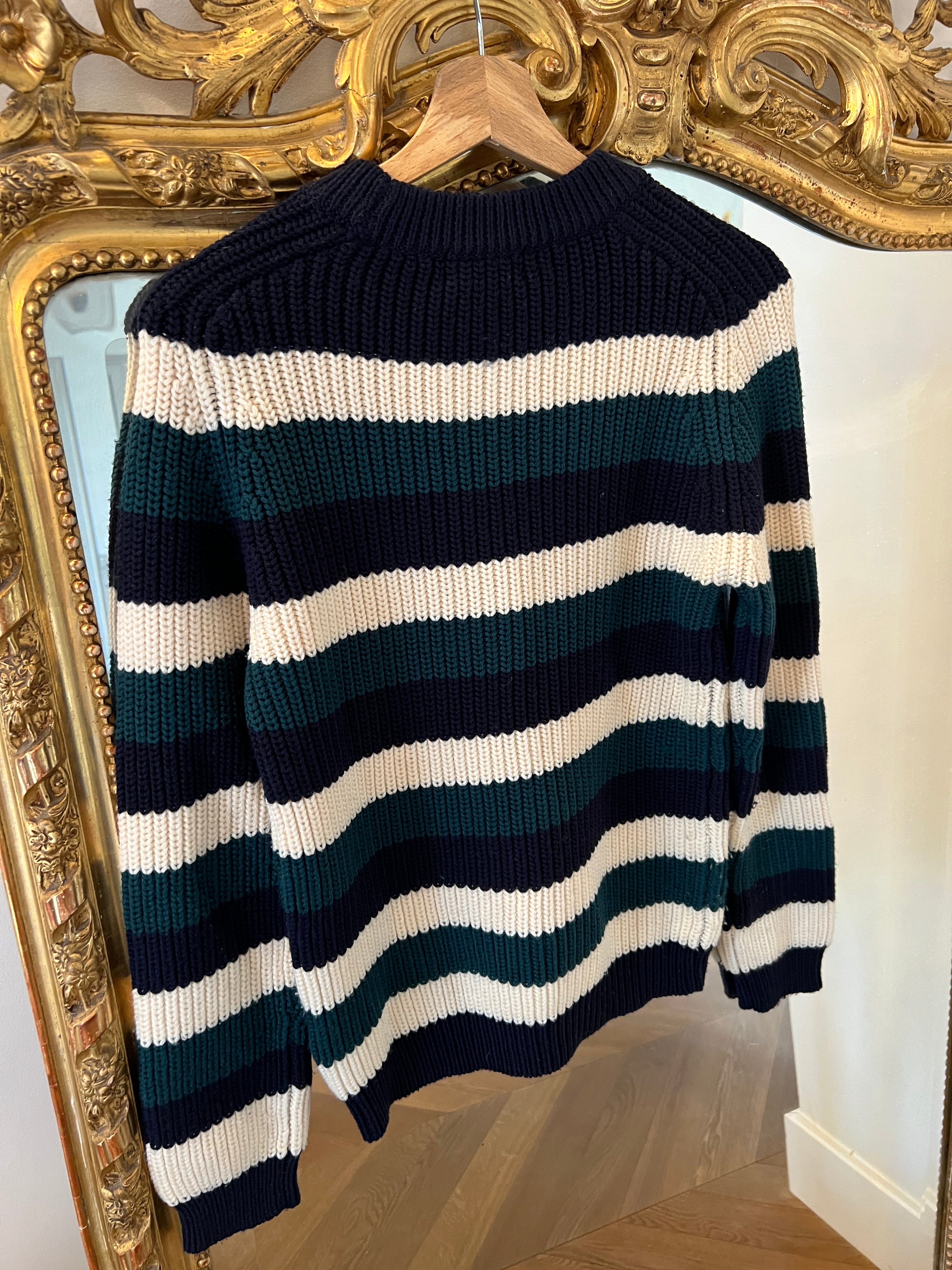 Pull Le Mont Saint Michel en laine rayée bleu marine et vert