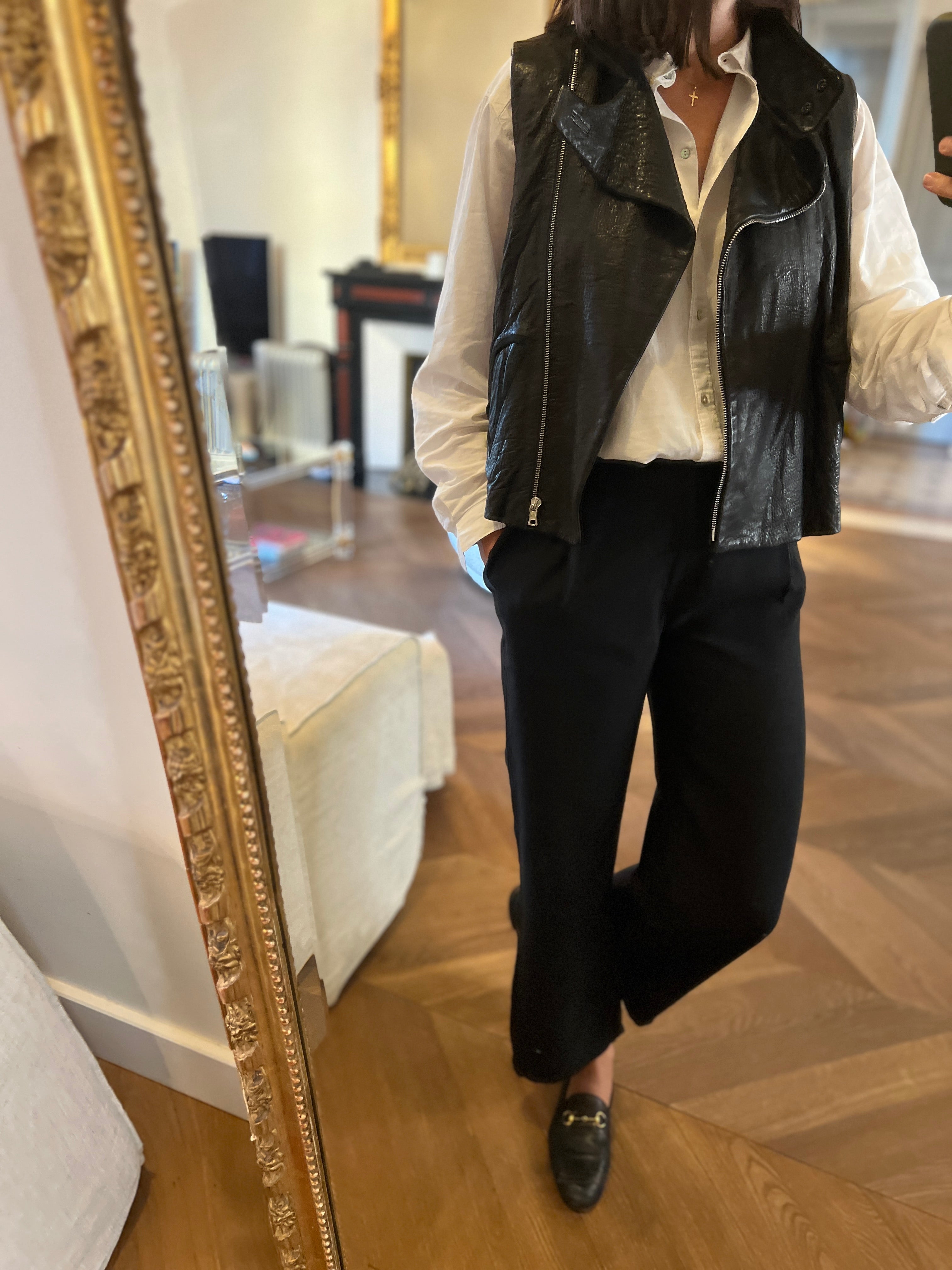 Noémie Lenoir Veste Alexander Wang en cuir noir