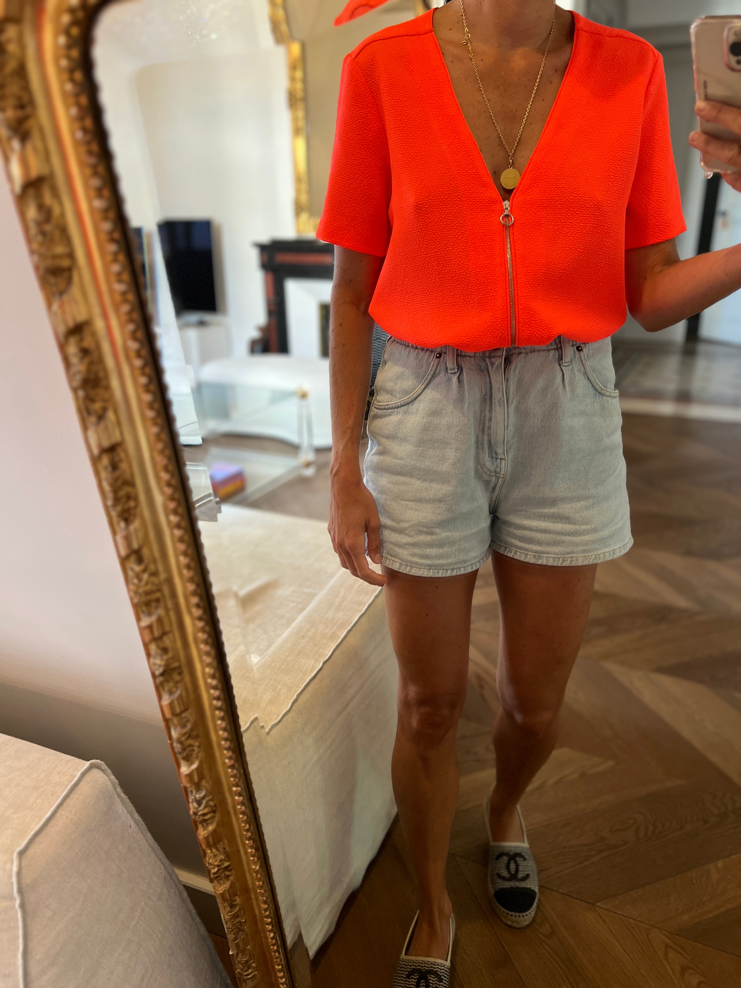 Top Claudie Pierlot orange fluo fermeture eclair