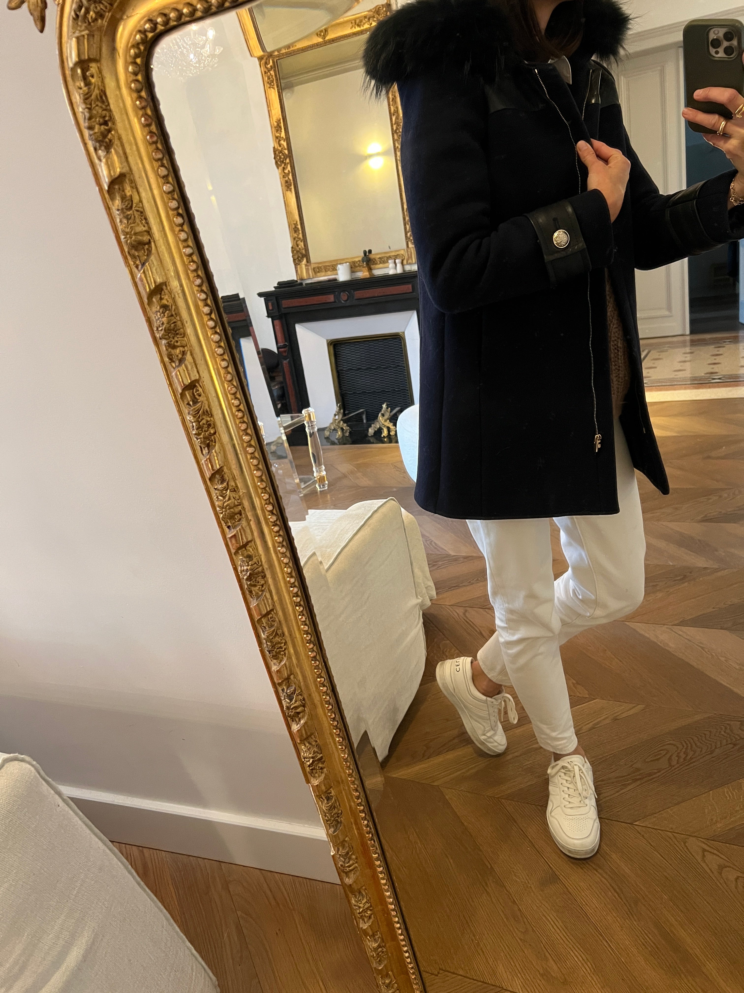 Manteau Claudie Pierlot bleu marine en laine empiècements en cuir