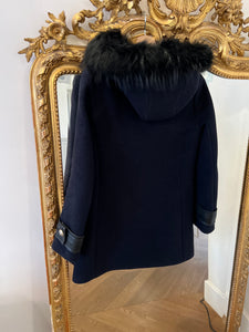 Manteau Claudie Pierlot bleu marine en laine empiècements en cuir