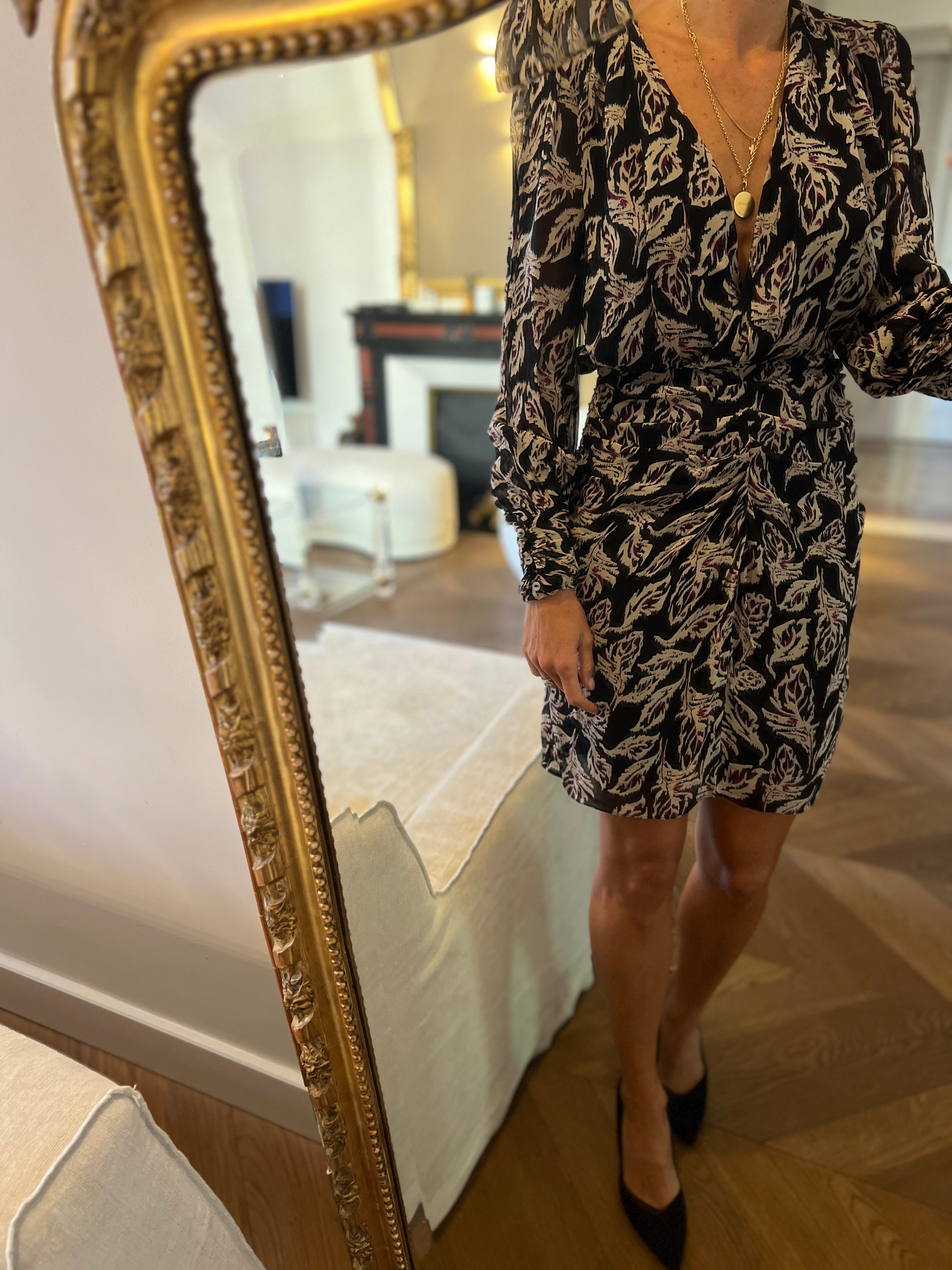 Ba&sh - Robe noire à motifs beige et mauve