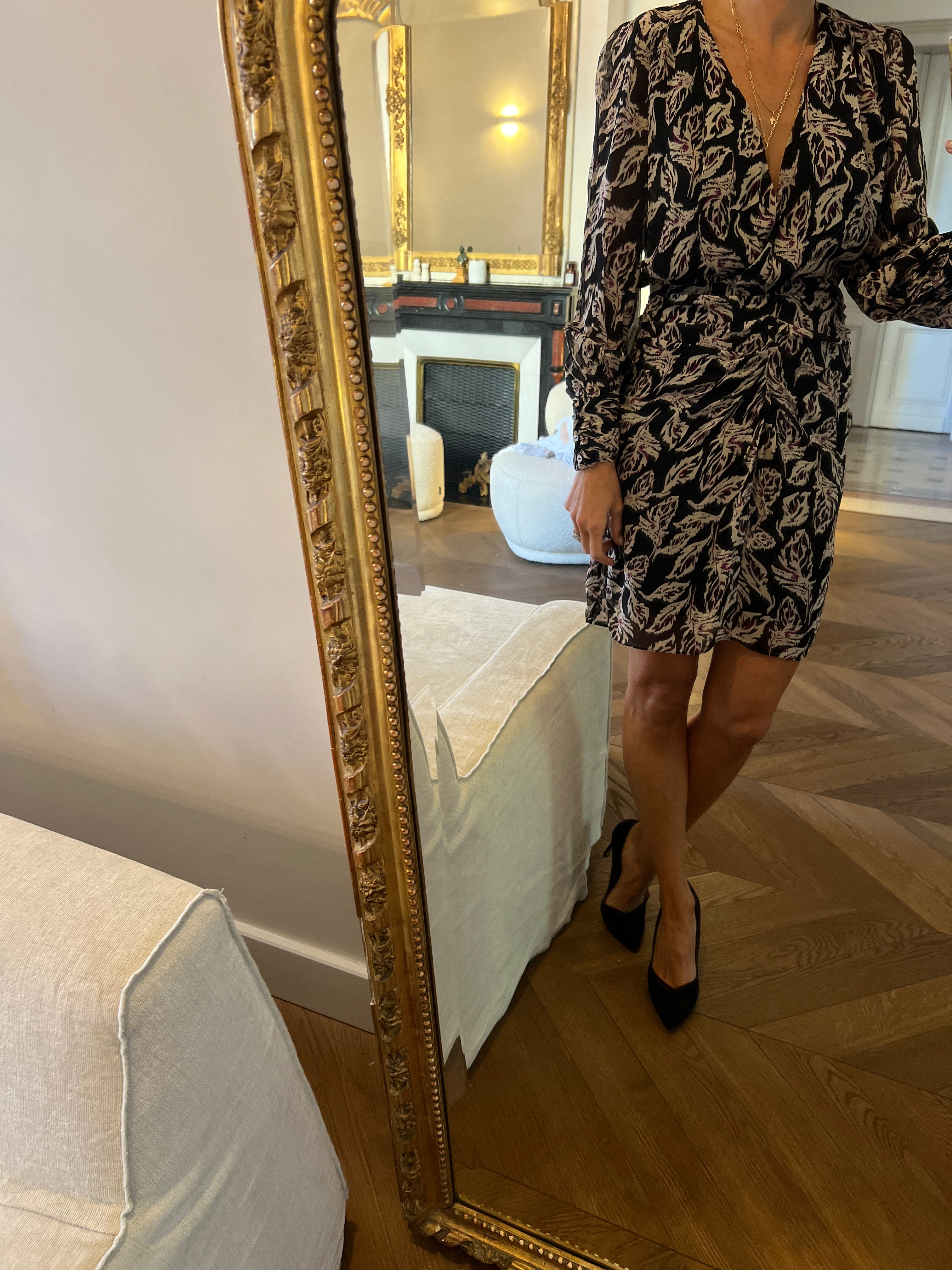 Ba&sh - Robe noire à motifs beige et mauve