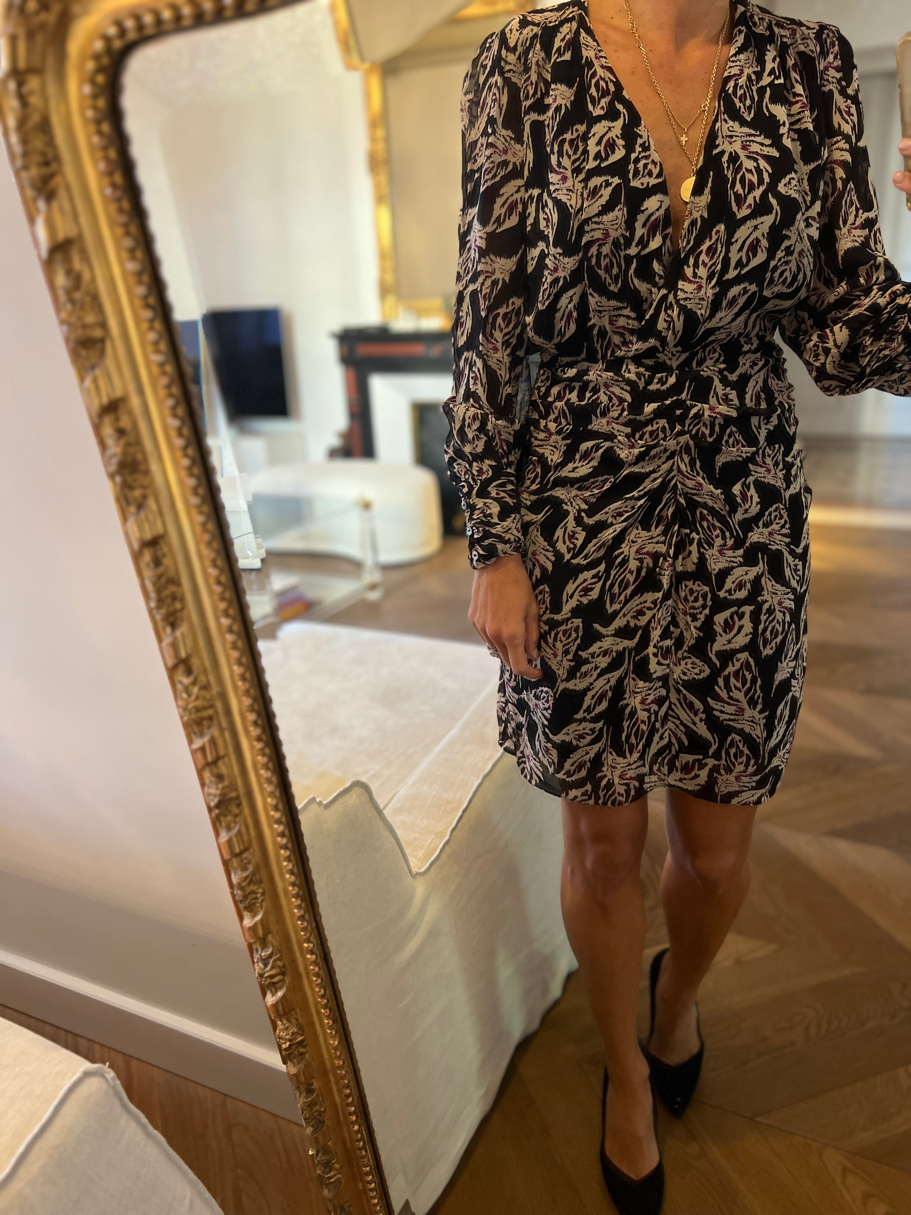 Ba&sh - Robe noire à motifs beige et mauve