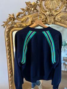 Pull Sandro bleu marine en laine et cachemire avec bandes vertes