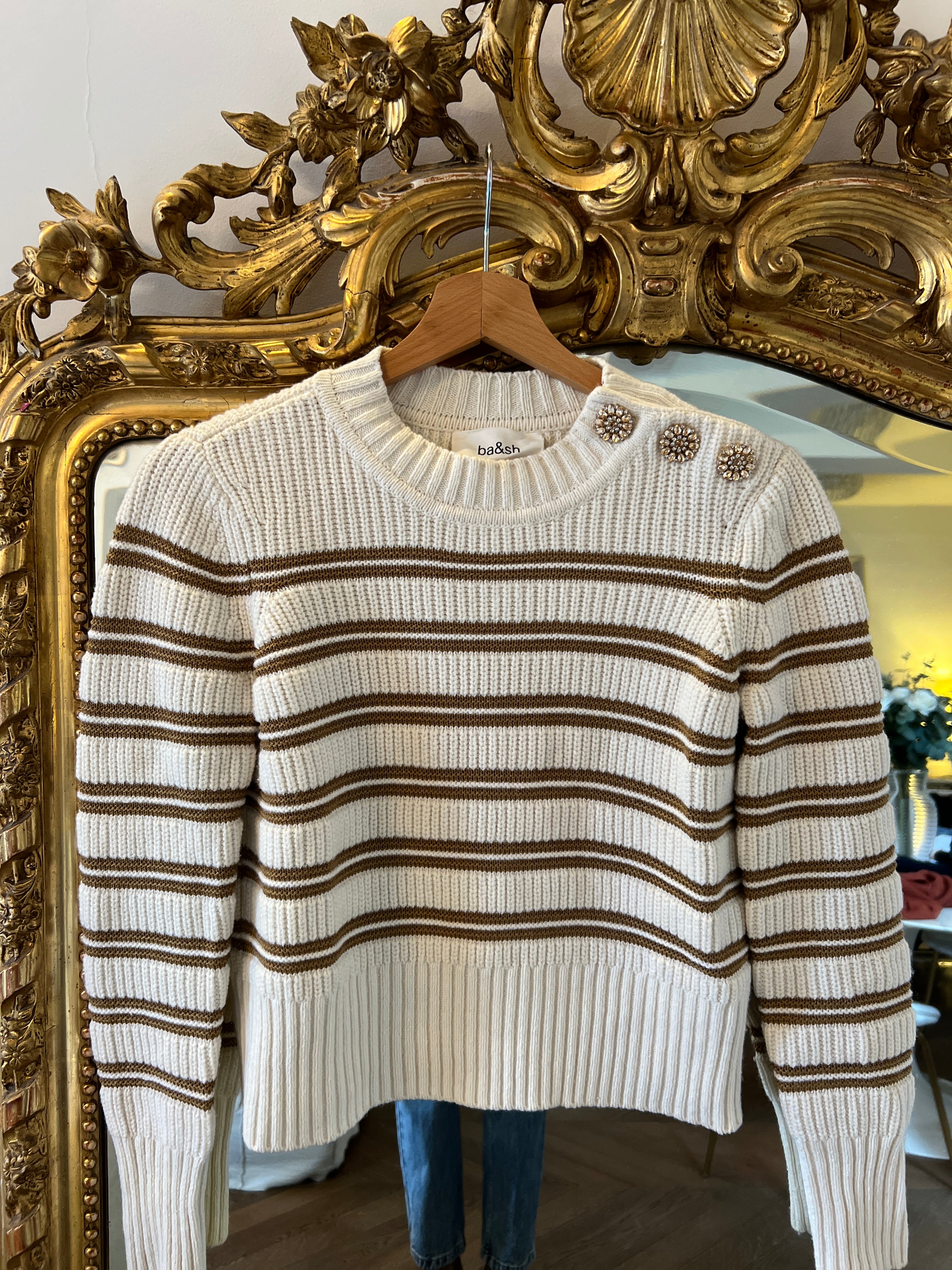 Ba&sh- Pull ecru à rayures et boutons diamants
