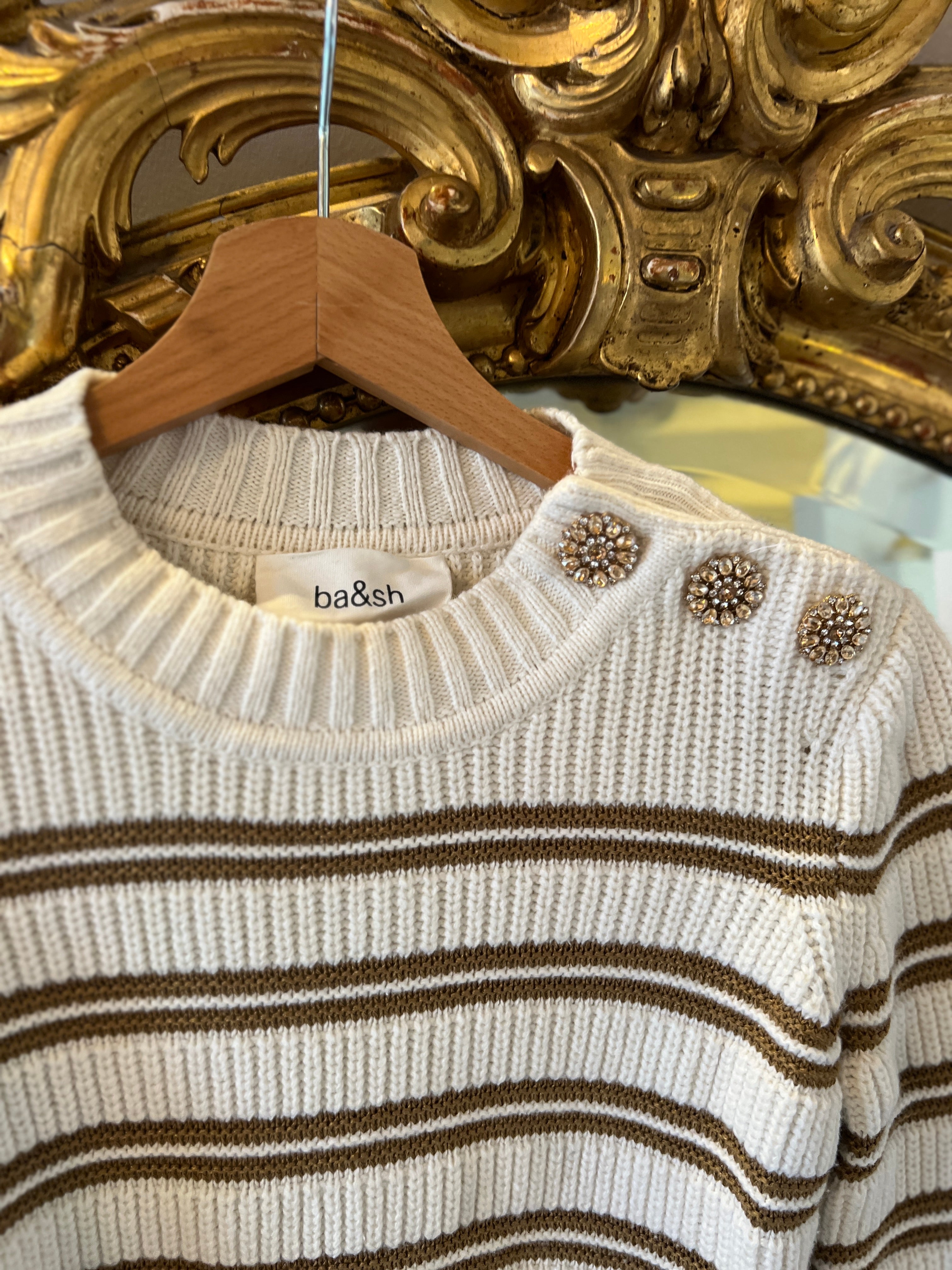 Ba&sh- Pull ecru à rayures et boutons diamants