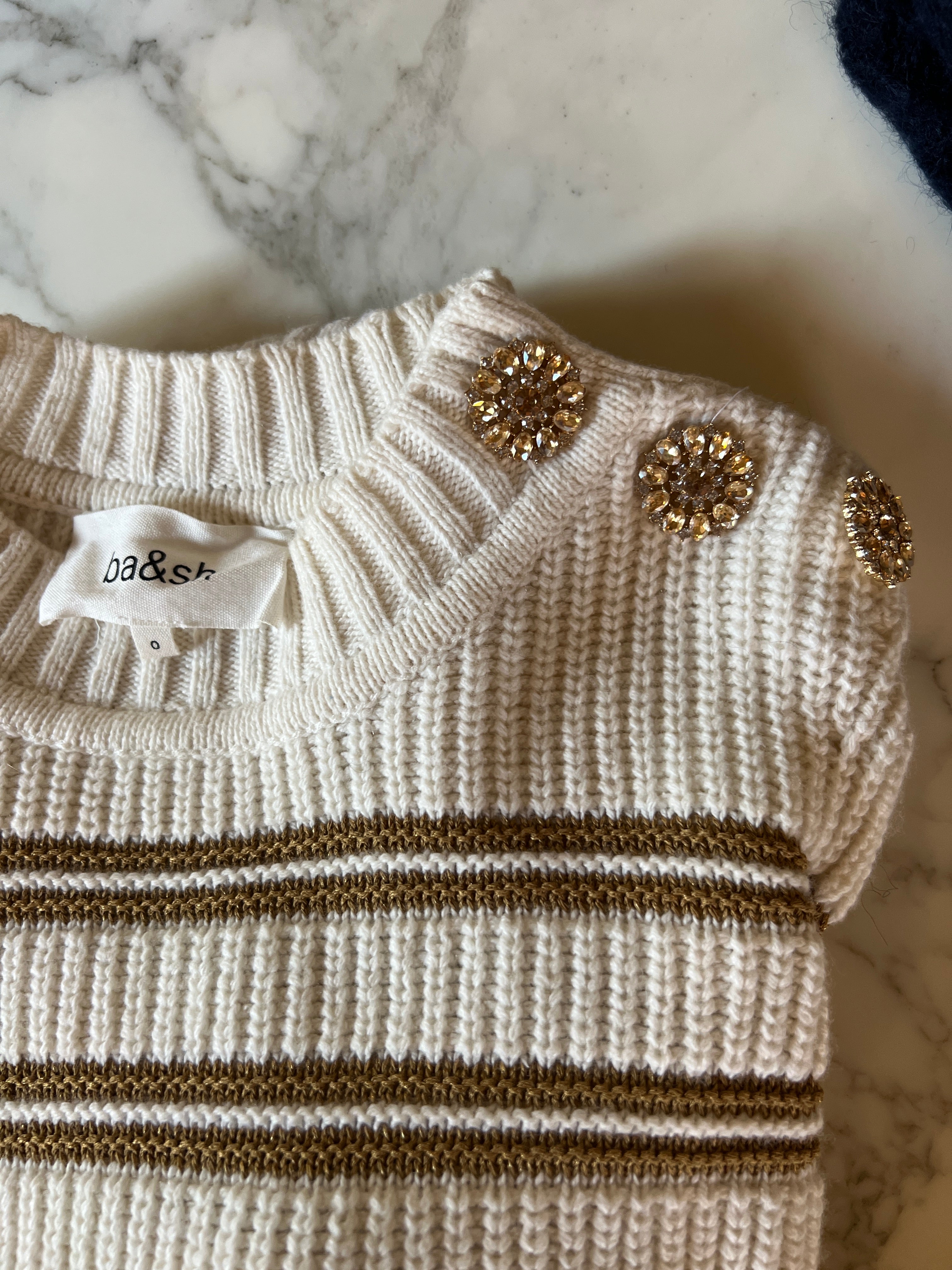 Ba&sh- Pull ecru à rayures et boutons diamants