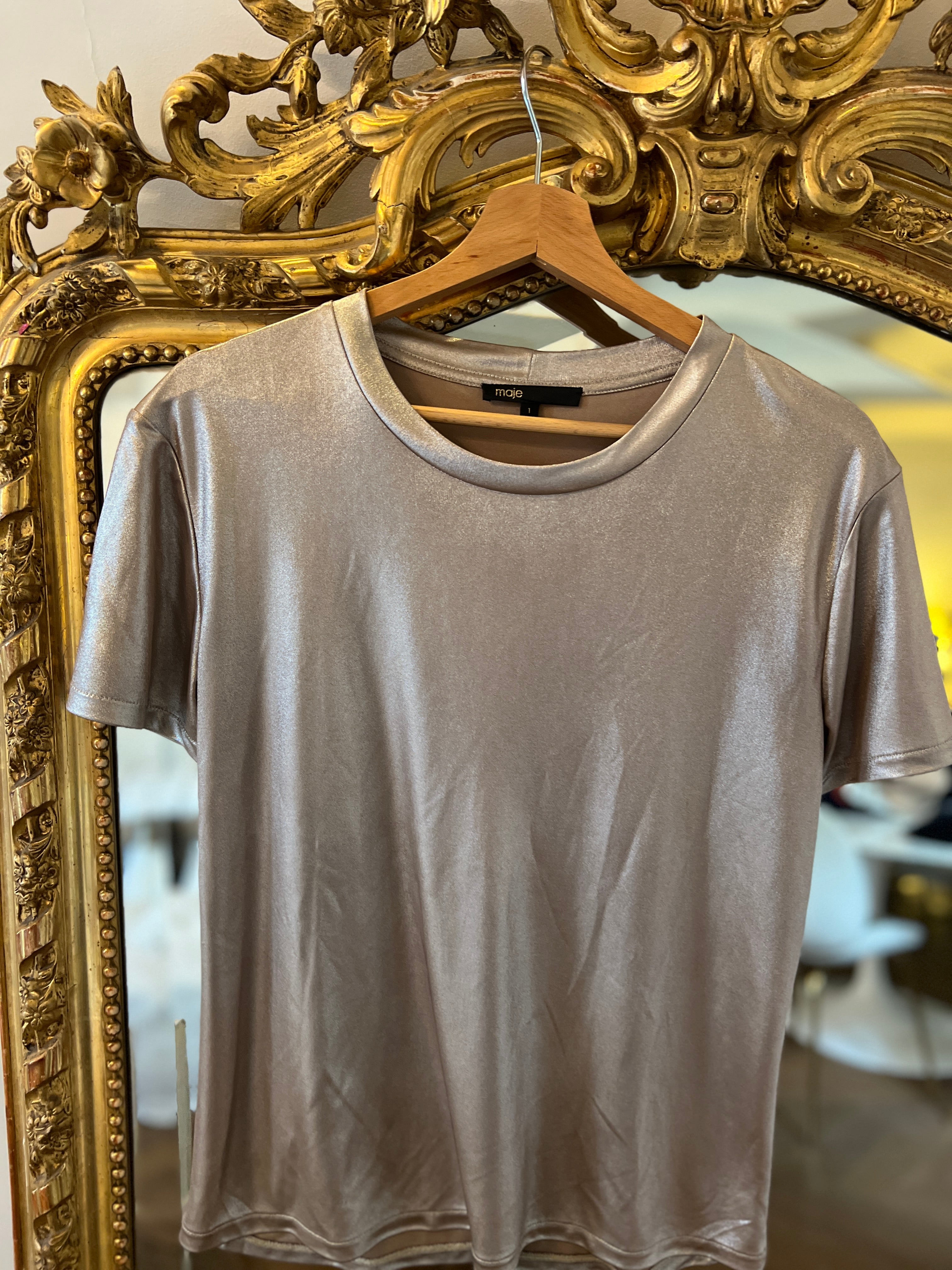 Maje-T-shirt col rond argent