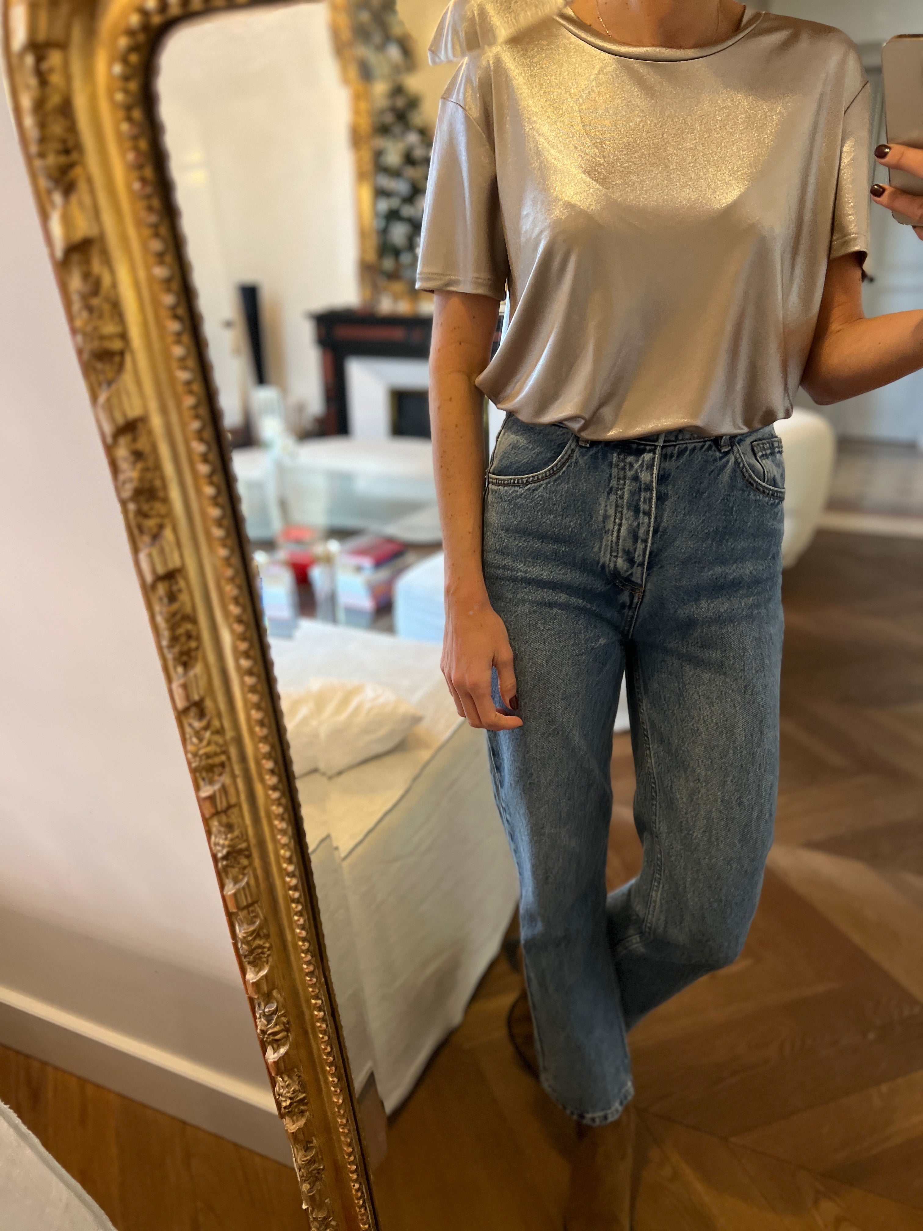 Maje-T-shirt col rond argent