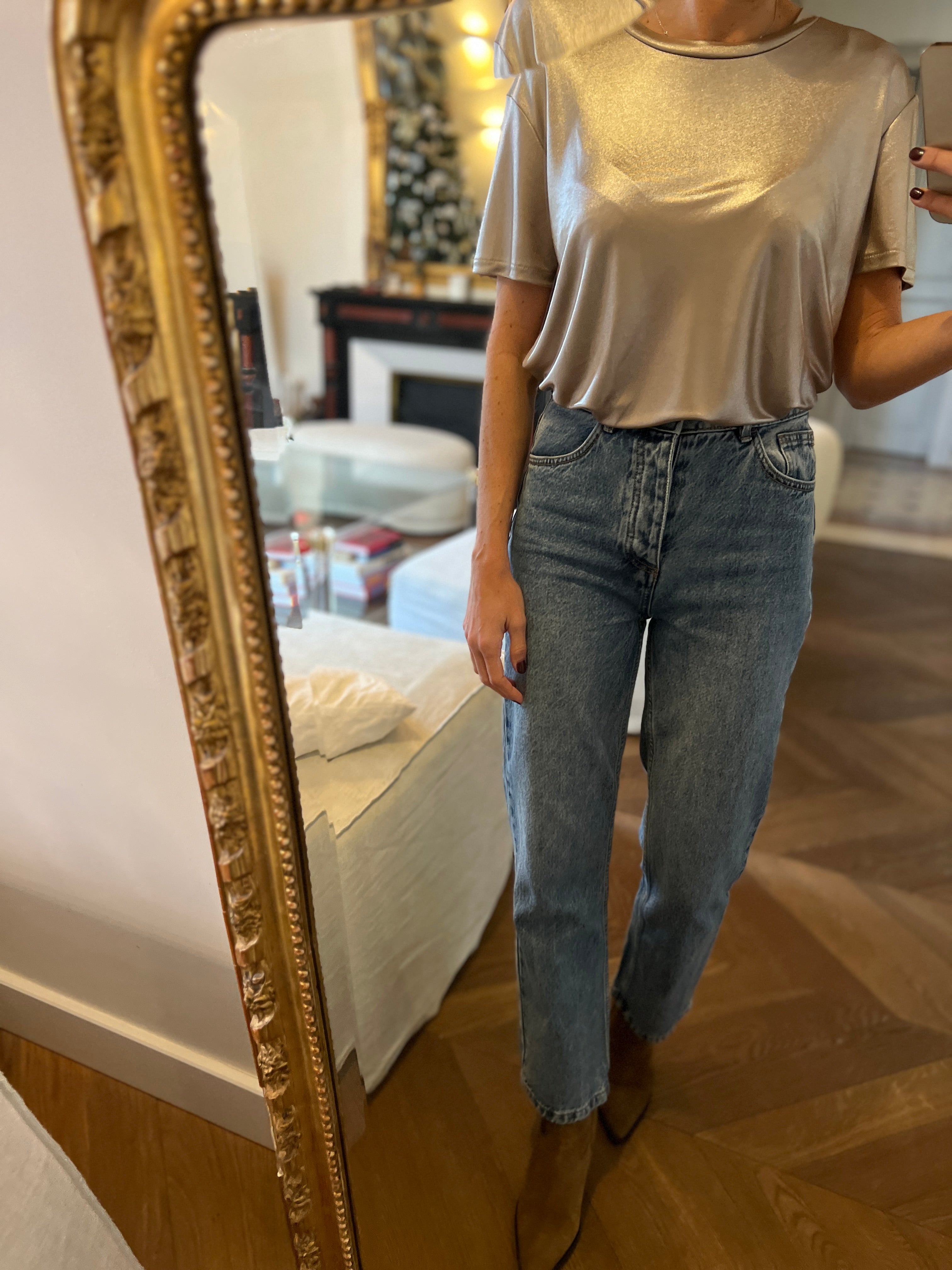 Maje-T-shirt col rond argent