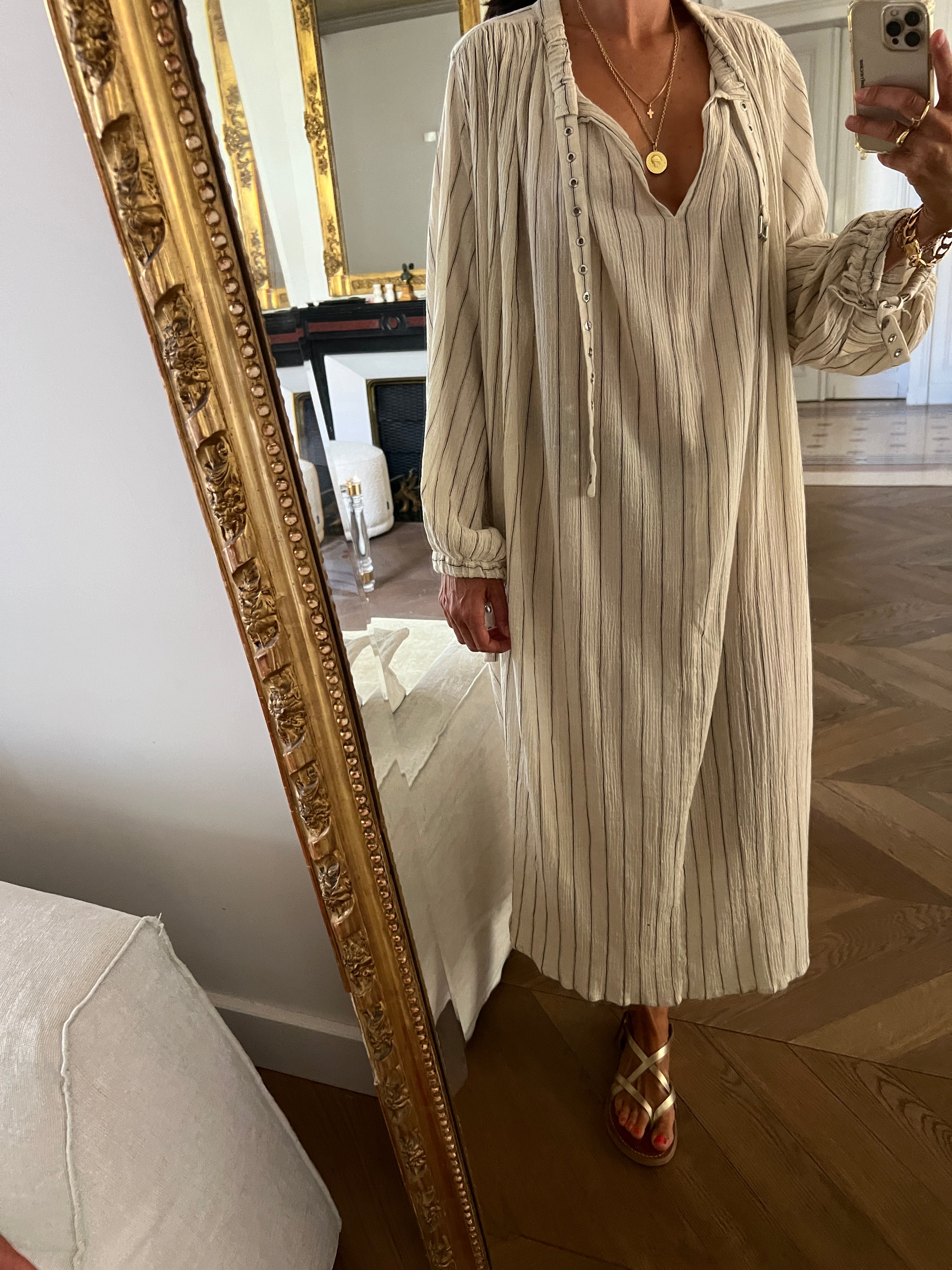 Robe Laurence Bras longue beige à rayures