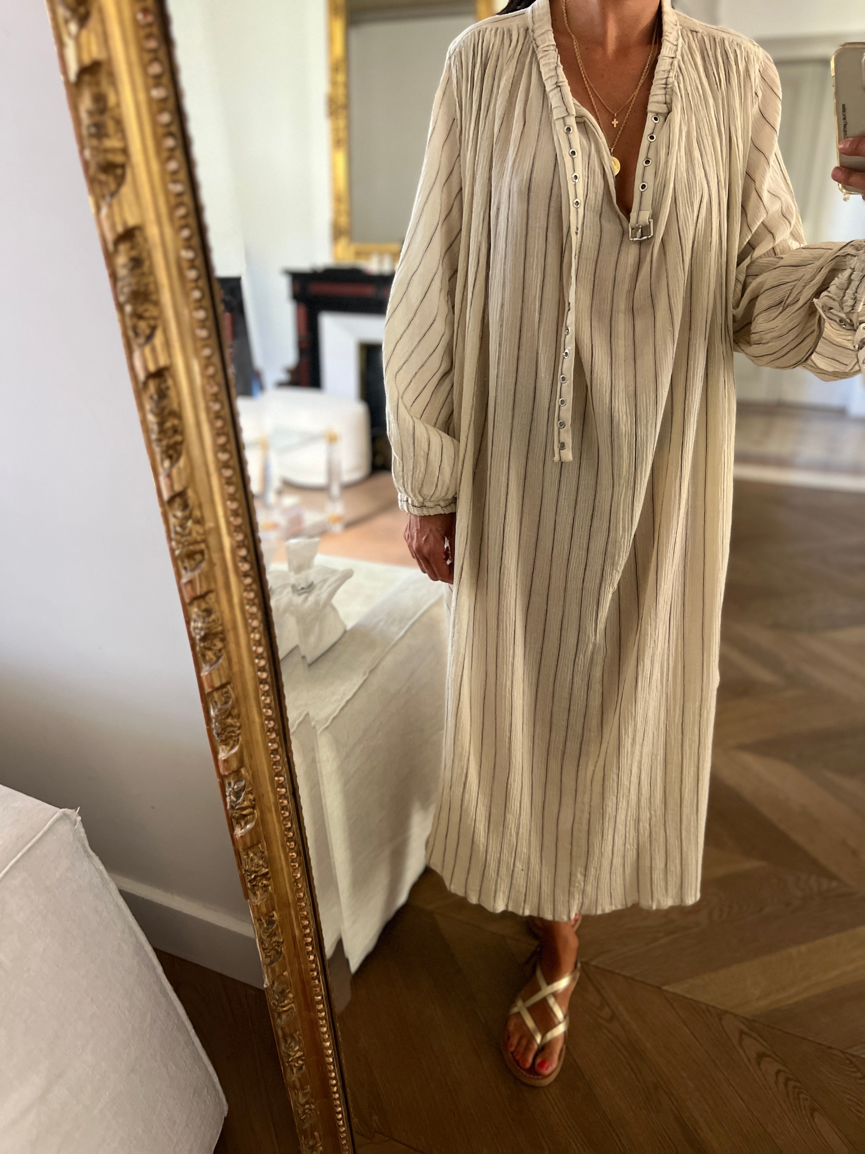 Robe Laurence Bras longue beige à rayures