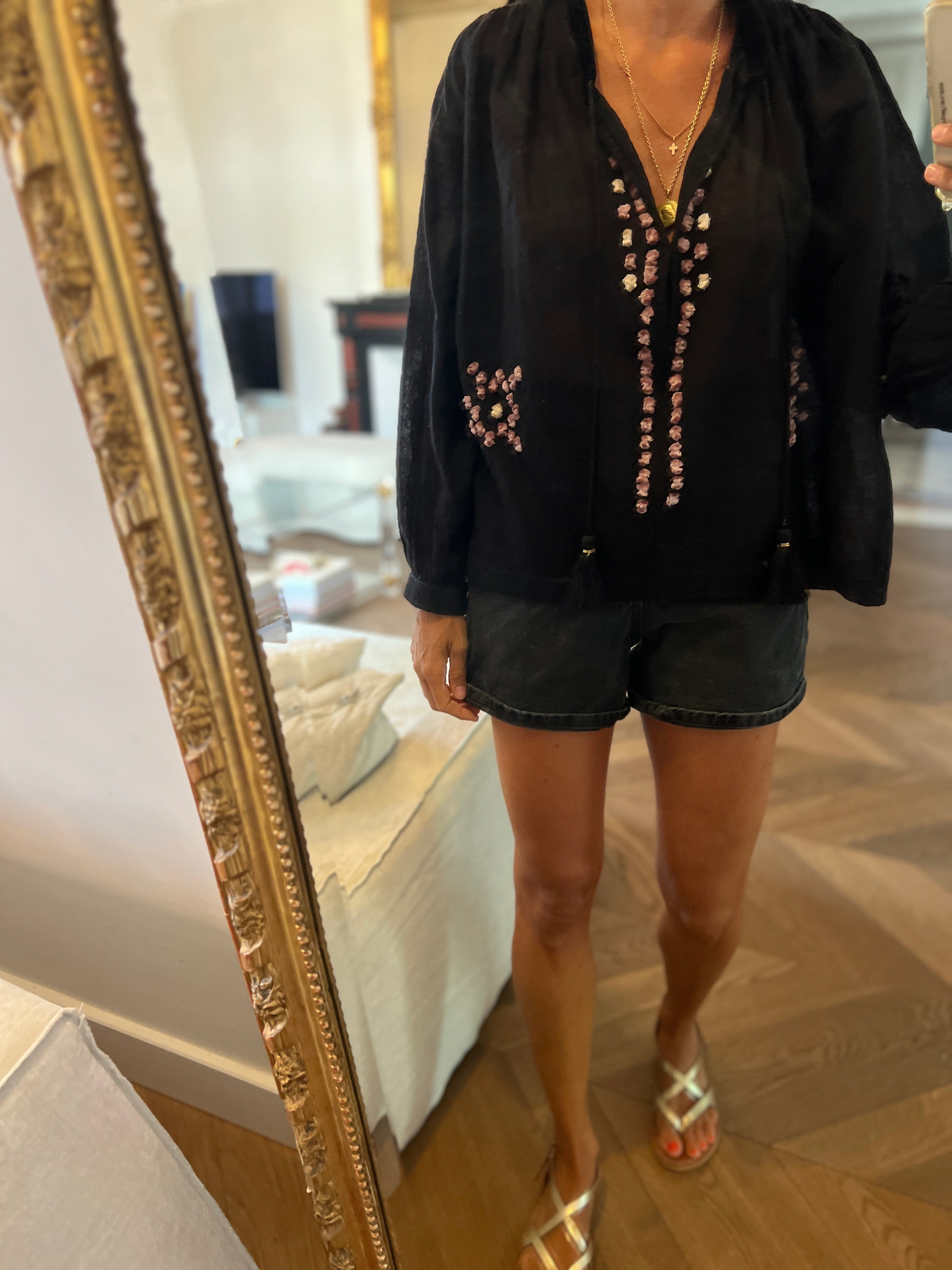 Blouse Forte Forte noire pompons rose