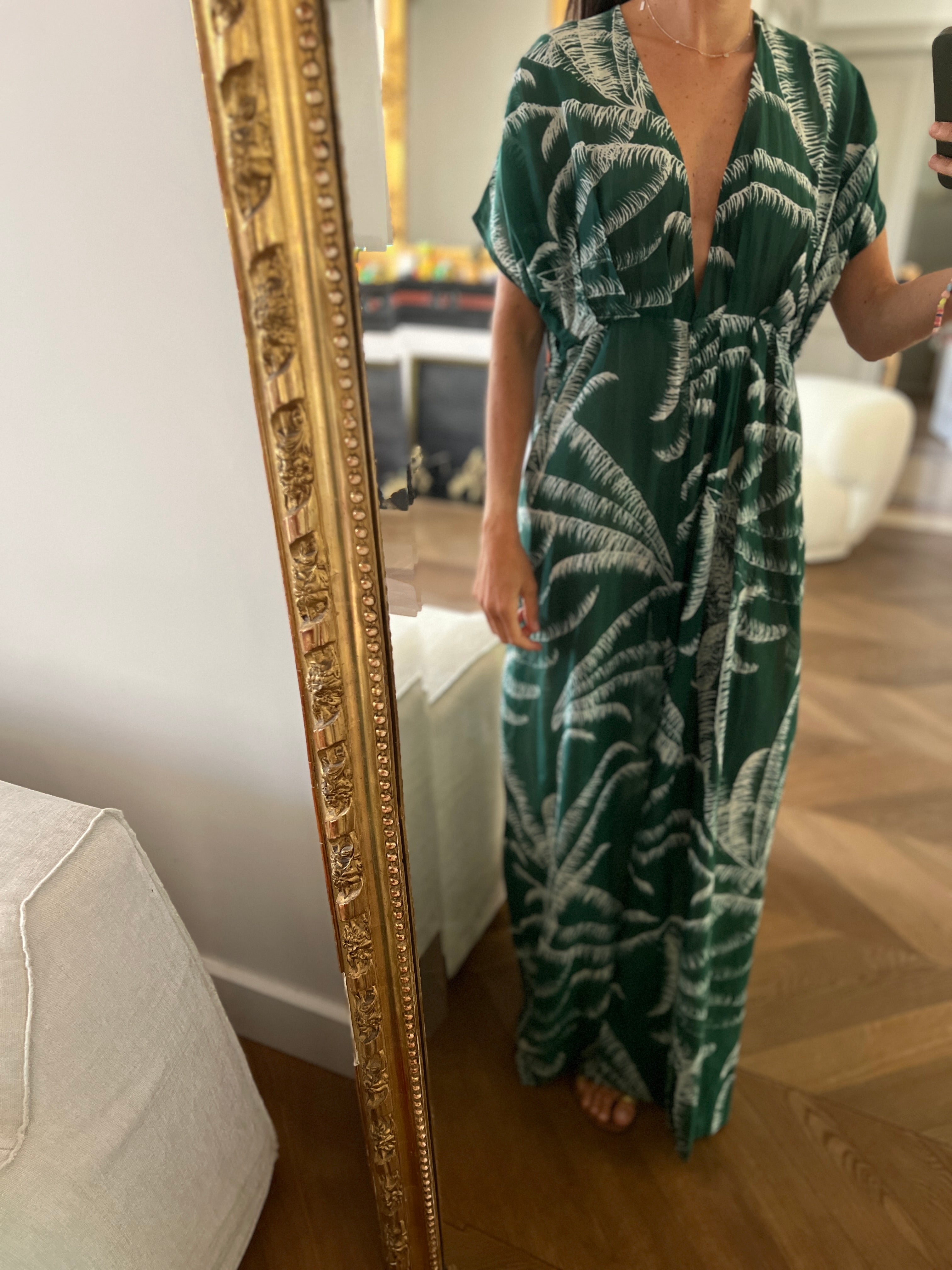 Robe de plage Idano verte et motifs blancs